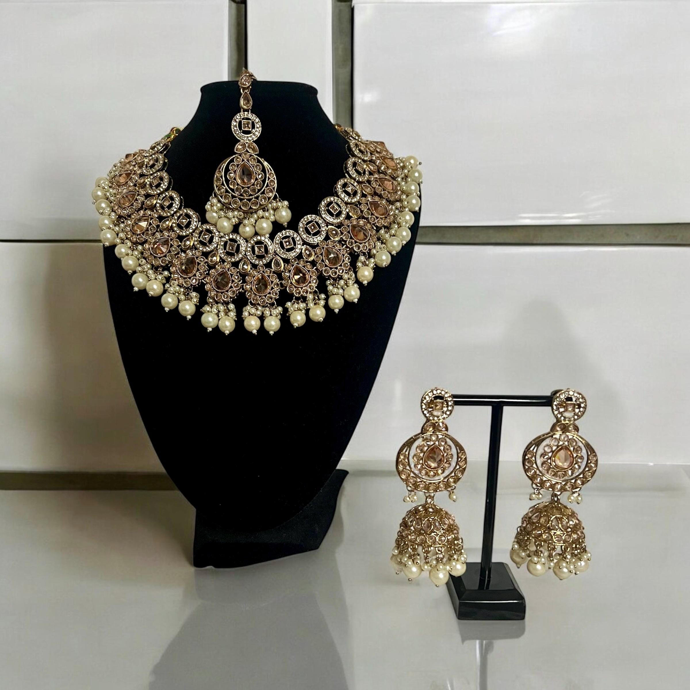 Antique Gold Bridal Necklace Set ? cream Stones & Pearl Accents with Earrings and Tikka, gold Kundan, choker, sabyasachi, bridal jewellery - Image 5