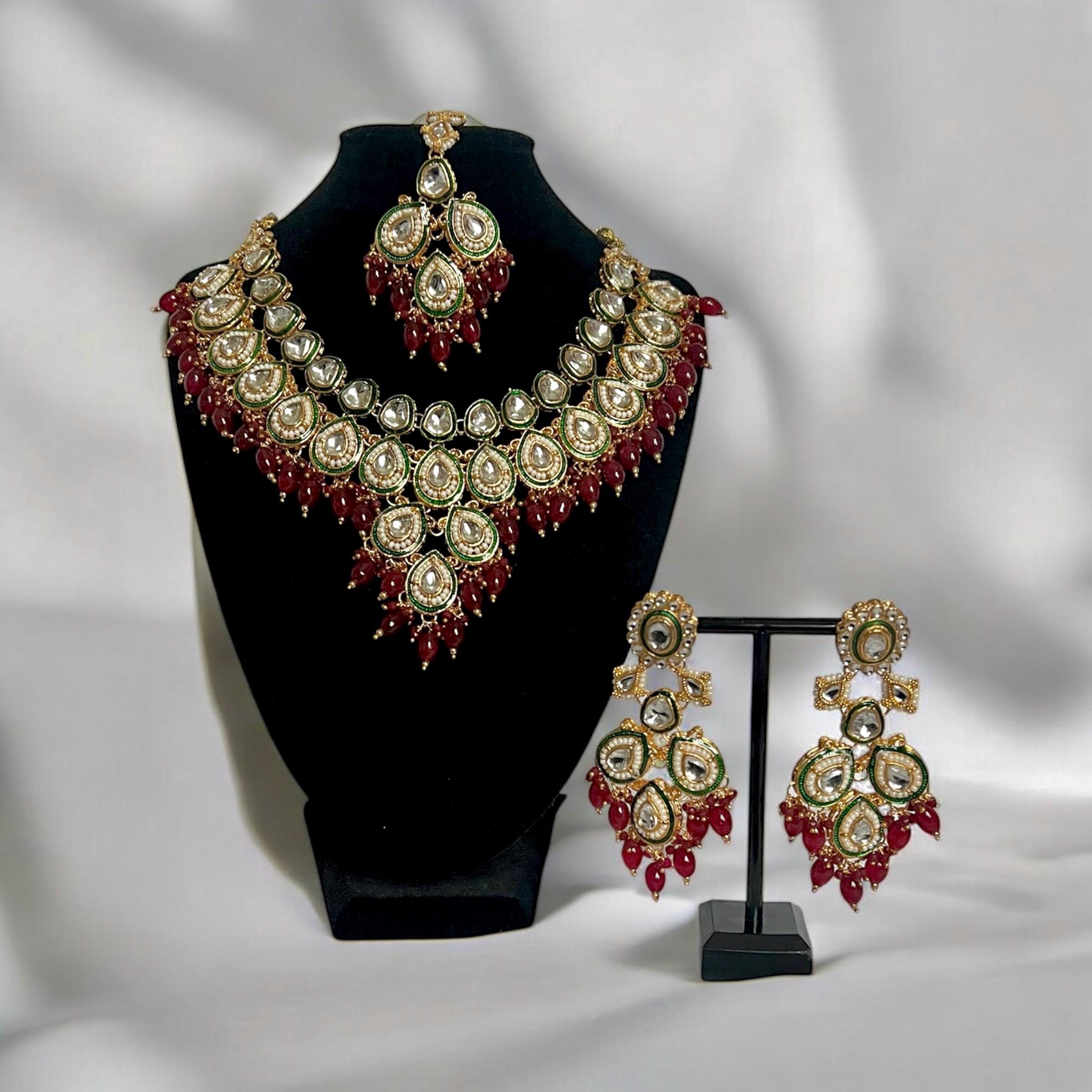 Grand Kundan Bridal Necklace Set ? Green & Maroon Stones, Gold Indian Jewelry with Earrings and Tikka - Image 5