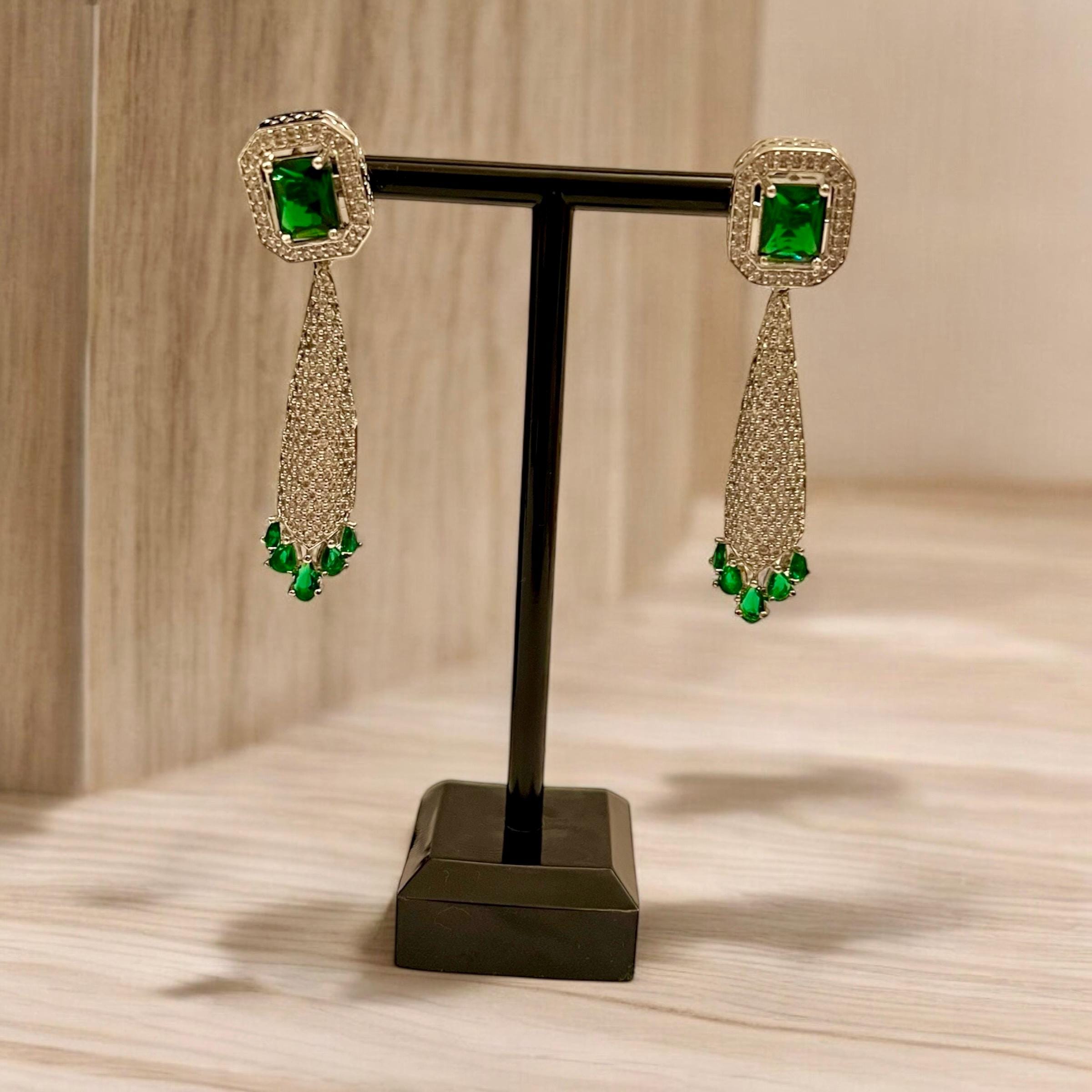 Emerald Green Necklace Set ? Bridal Statement Jewelry with Drop Earrings | Indian Wedding Party Jewelry | Long Crystal Necklace - Image 3
