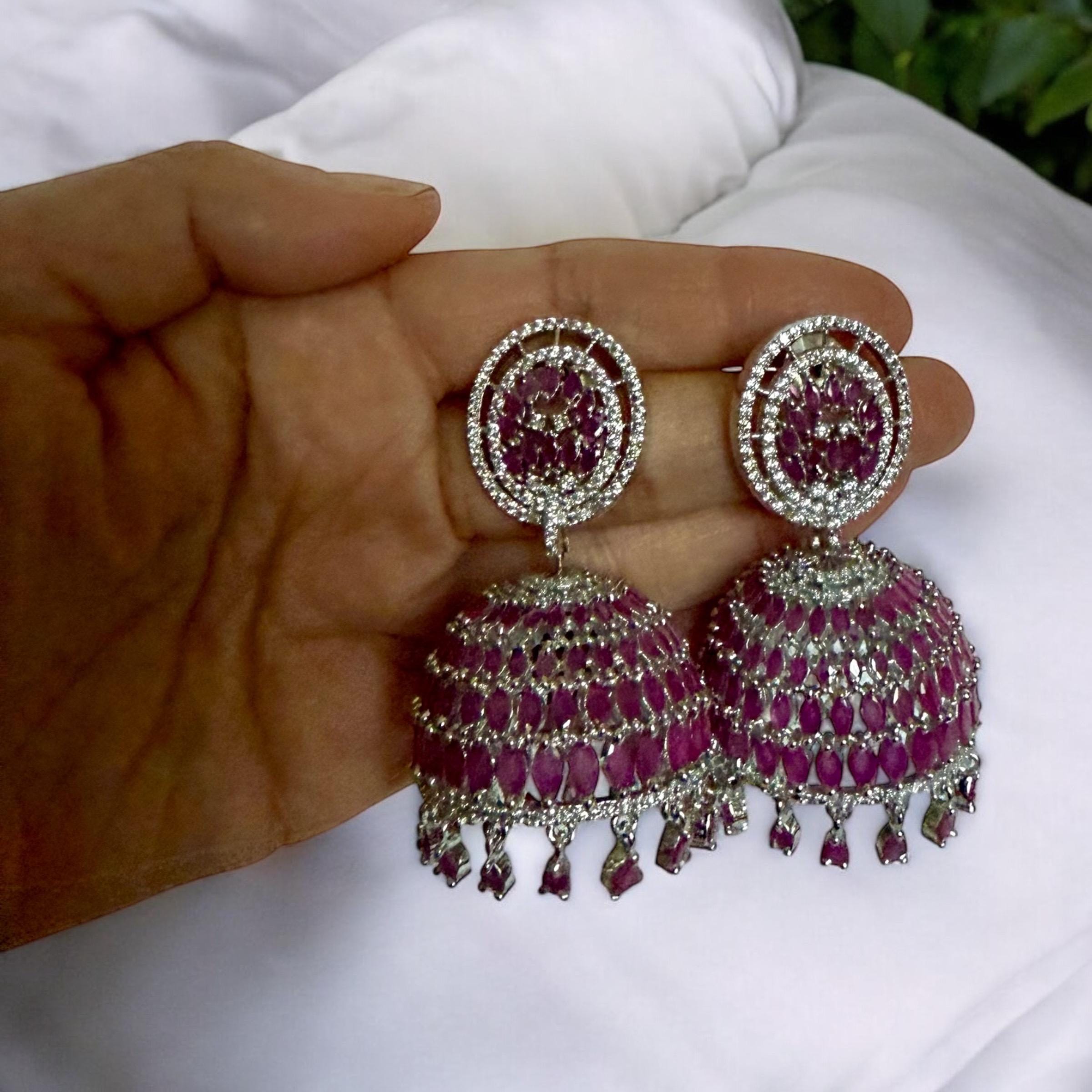 Emerald Green Jhumka Earrings | Indian Bridal Dangle Earrings | Crystal Drop Chandbali Style | Statement Festive Jewelry - Image 6