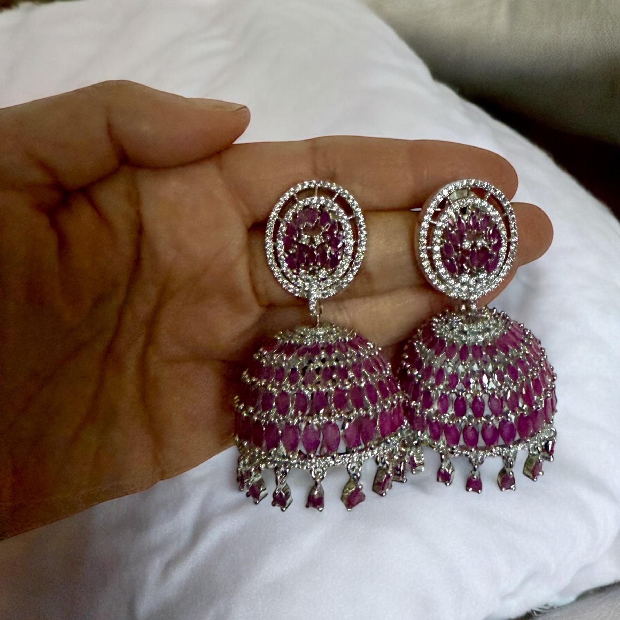 Emerald Green Jhumka Earrings | Indian Bridal Dangle Earrings | Crystal Drop Chandbali Style | Statement Festive Jewelry - Image 5