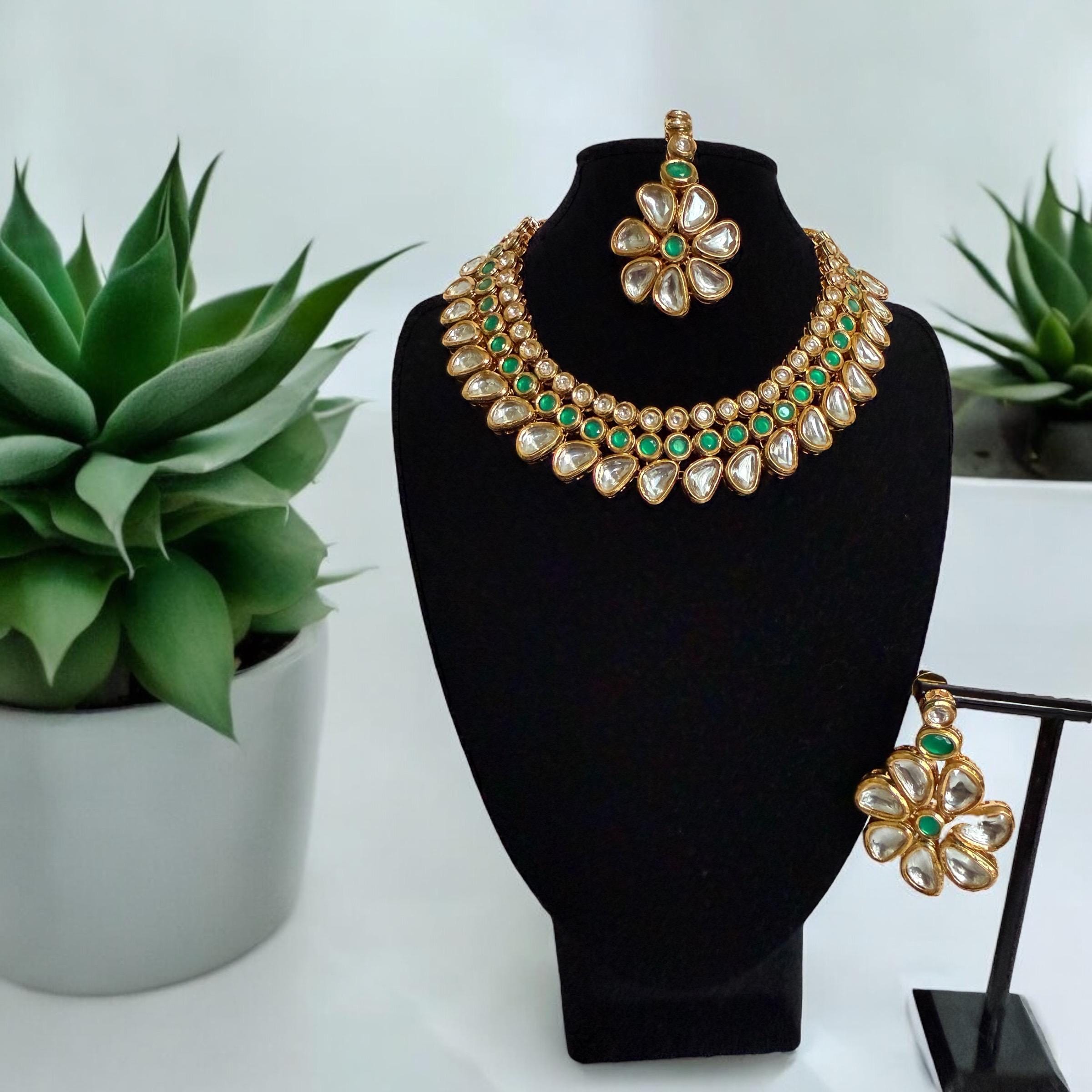 Gold Kundan Bridal Necklace Set ? Indian Wedding Jewelry with Green Stones, Earrings & Tikka - Image 2