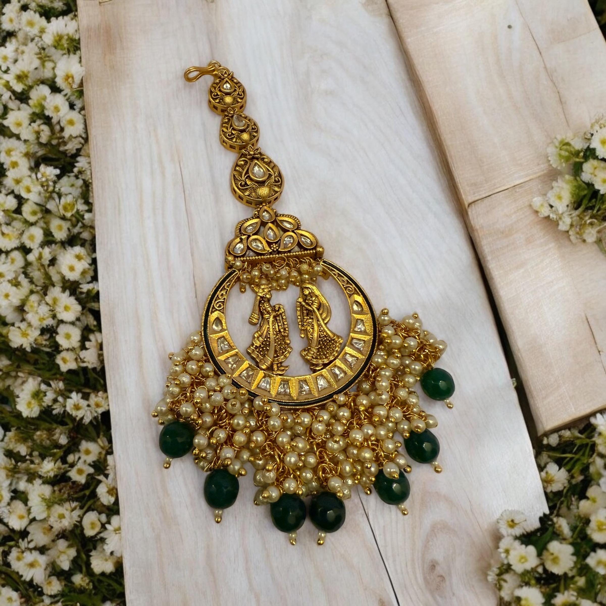 Green Beaded Gold Traditional Tikka
