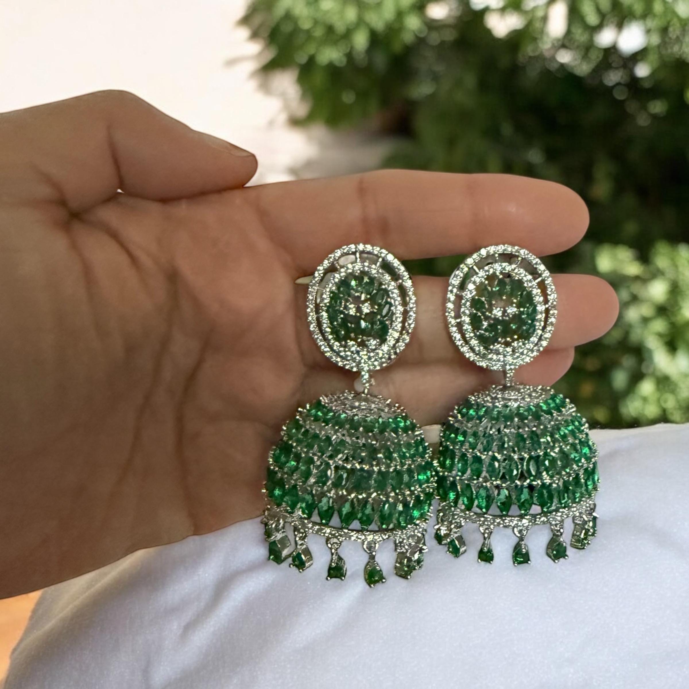 Emerald Green Jhumka Earrings | Indian Bridal Dangle Earrings | Crystal Drop Chandbali Style | Statement Festive Jewelry - Image 3