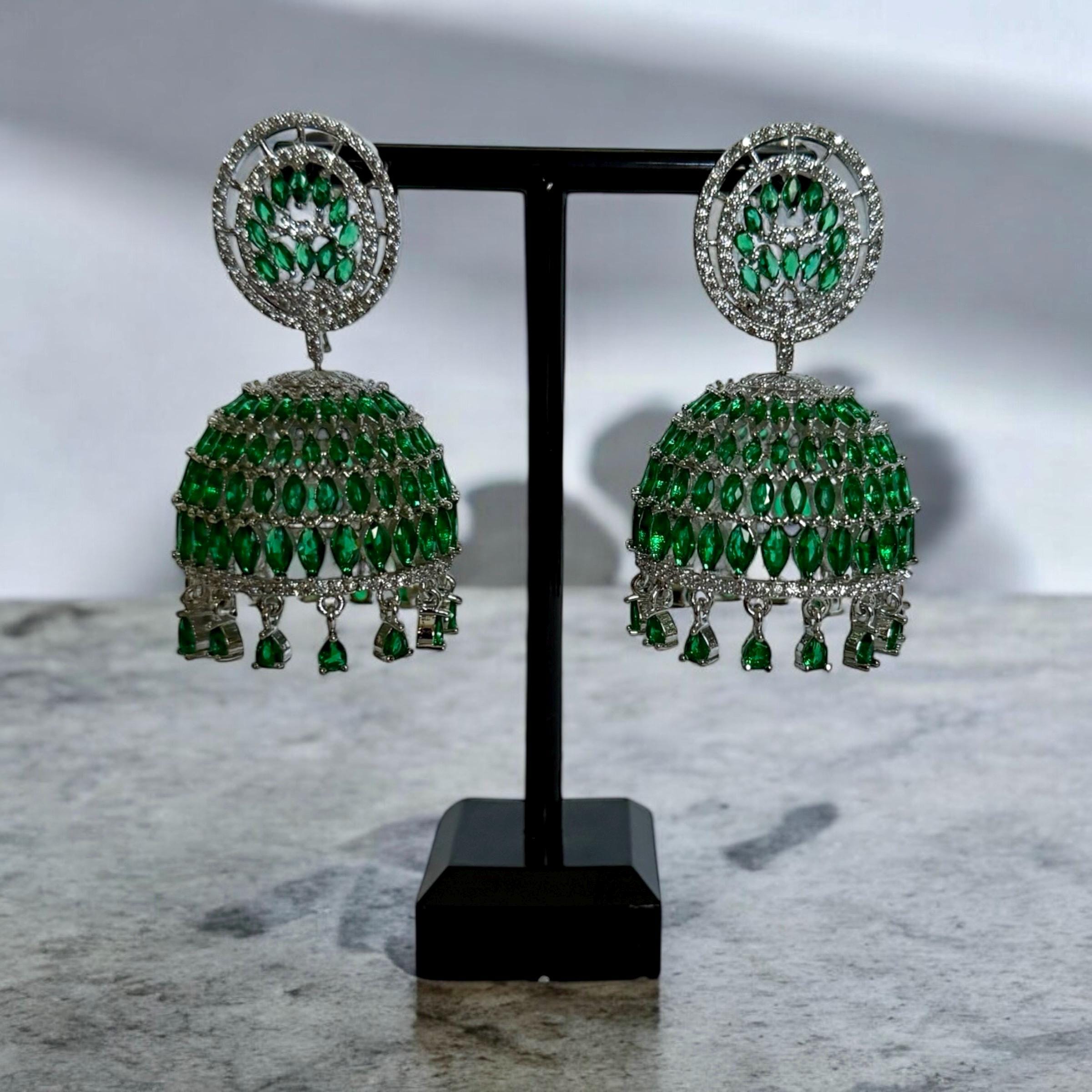 Emerald Green Jhumka Earrings | Indian Bridal Dangle Earrings | Crystal Drop Chandbali Style | Statement Festive Jewelry - Image 4