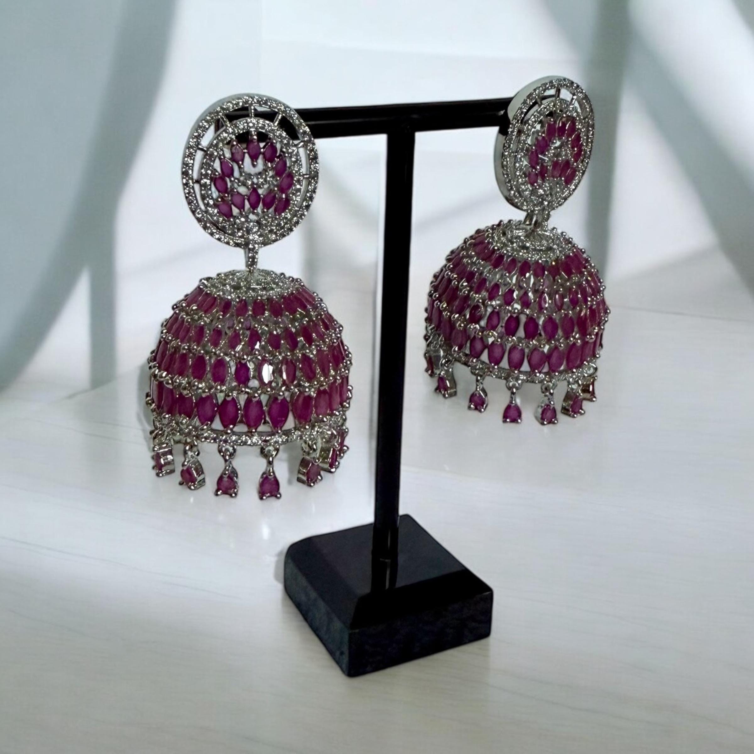 Emerald Green Jhumka Earrings | Indian Bridal Dangle Earrings | Crystal Drop Chandbali Style | Statement Festive Jewelry - Image 2