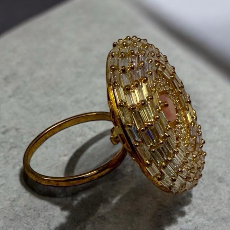 Luxe Radiance Statement Ring ? Gold Cocktail Ring with Pink Stone & Crystal Detailing - Image 2