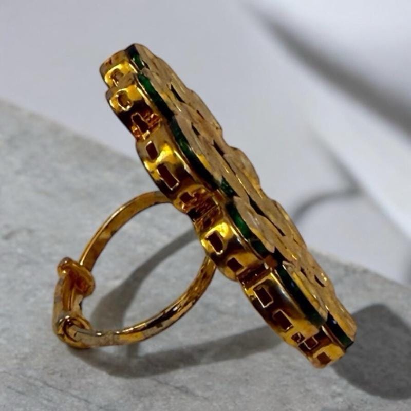 Antic Gold & Green Gemstone Square Ring - Indian Jewelry for Special Occasions - Image 2