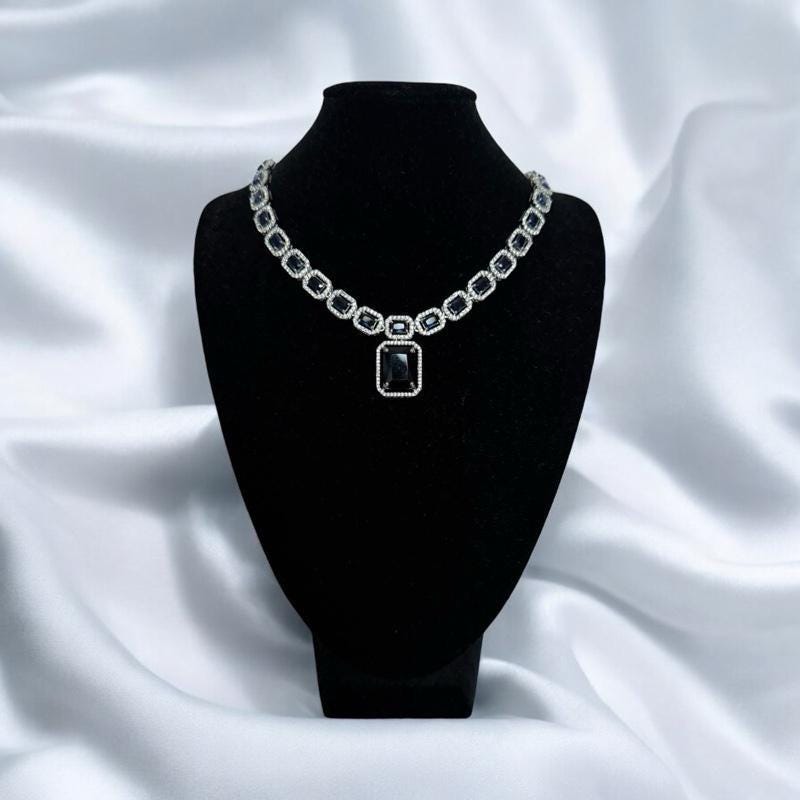 Sapphire Blue Necklace Set | Bridal Jewelry Silver | Crystal Choker & Earrings | Evening Wedding Set | South Asian Party Jewelry - Image 3