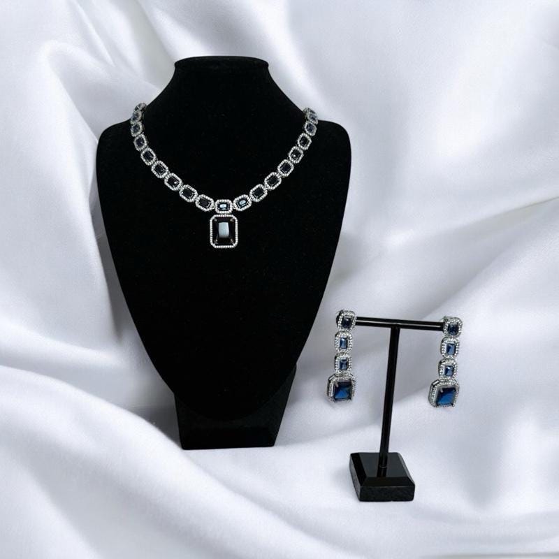 Sapphire Blue Necklace Set | Bridal Jewelry Silver | Crystal Choker & Earrings | Evening Wedding Set | South Asian Party Jewelry
