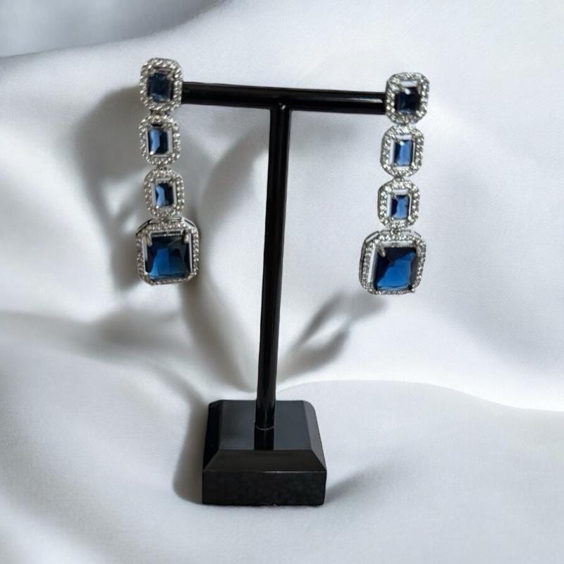 Sapphire Blue Necklace Set | Bridal Jewelry Silver | Crystal Choker & Earrings | Evening Wedding Set | South Asian Party Jewelry - Image 4