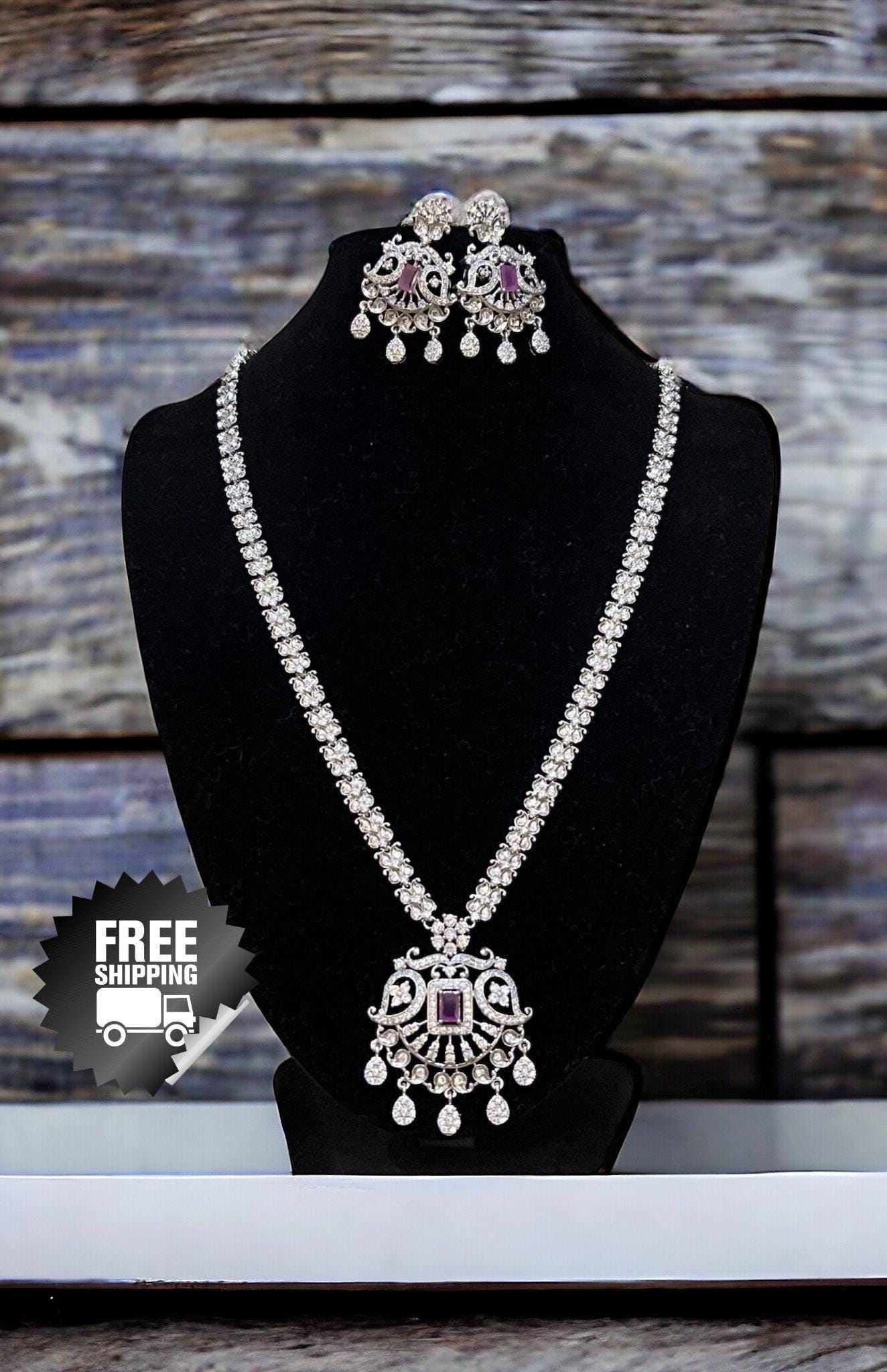 Ruby Pink and Silver AD Necklace Pendant Set - Long (24cm), Indian Jewelry, Statement necklace - Image 2
