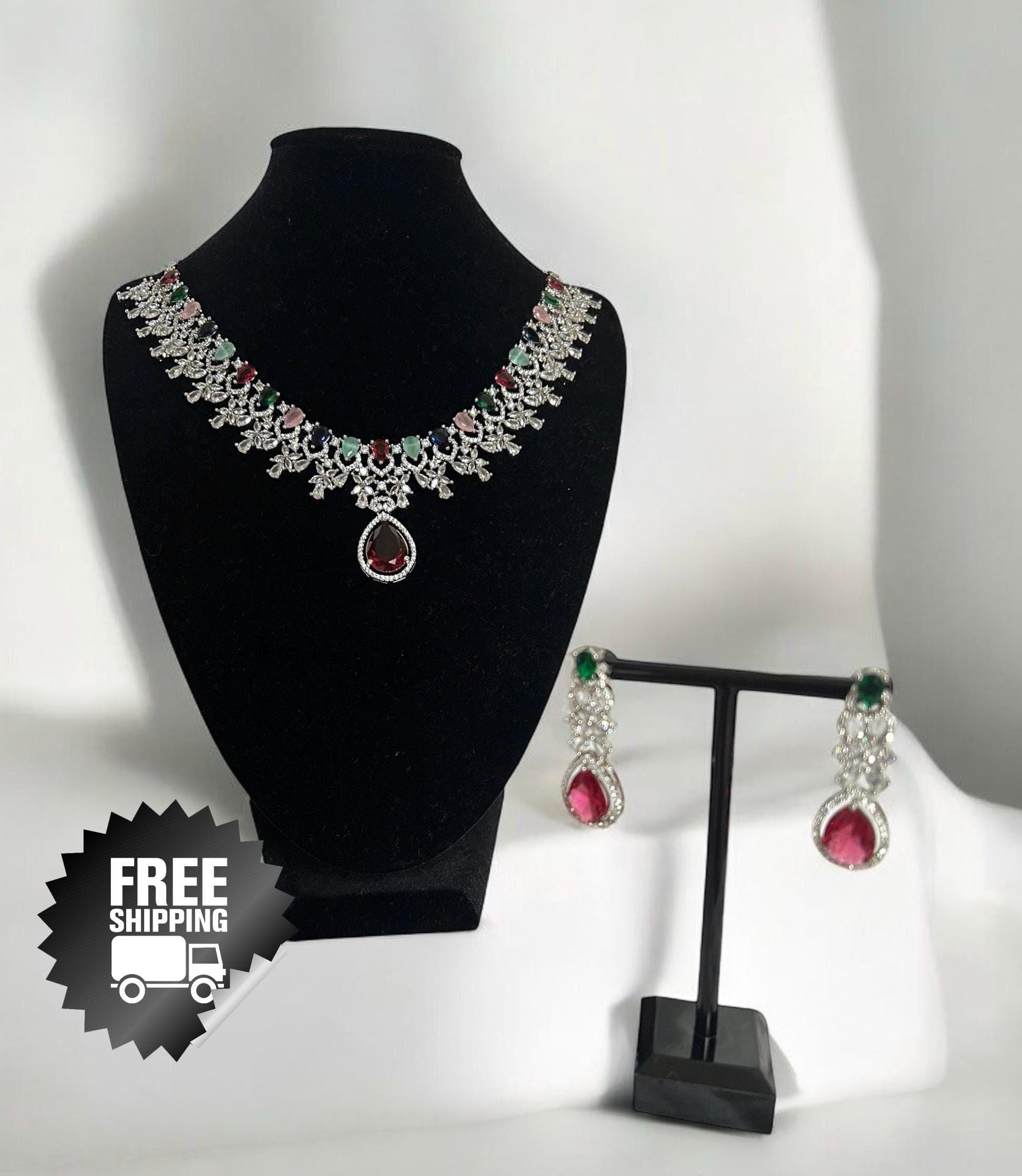 Colorful Teardrop Necklace & Earrings Set ? Silver Plated CZ Bridal Jewelry - Image 4