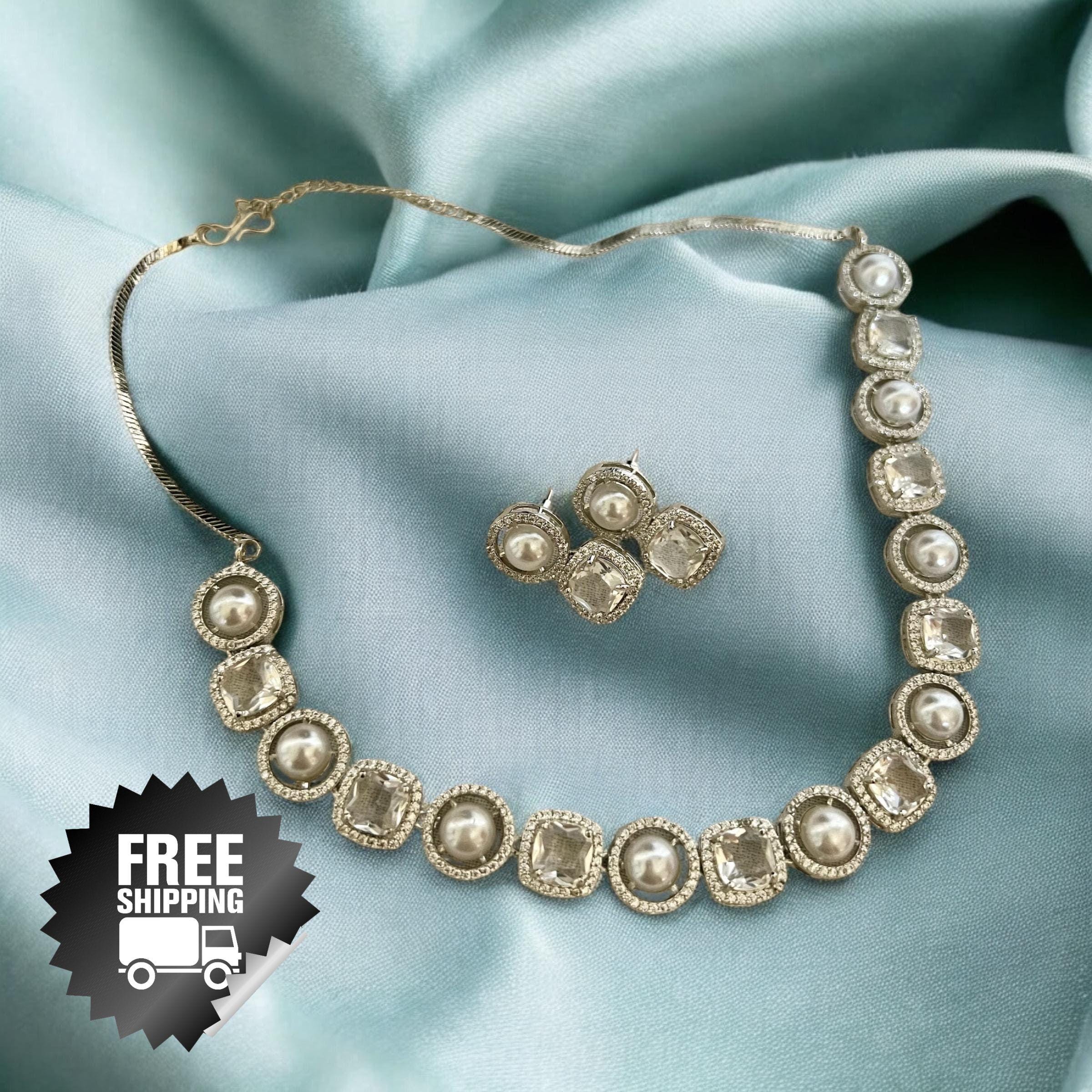 Silver Pearl and Crystal Necklace Set ? Bridal Jewelry with Matching Earrings - Image 5