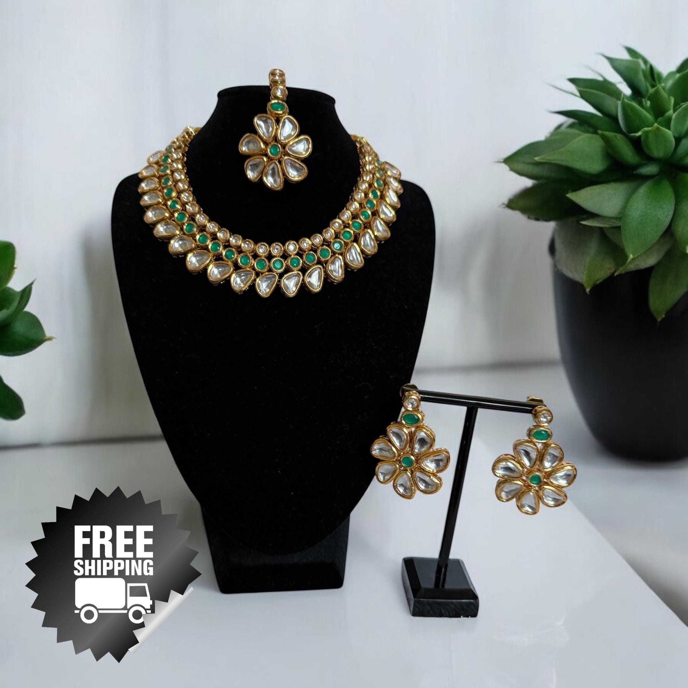 Gold Kundan Bridal Necklace Set ? Indian Wedding Jewelry with Green Stones, Earrings & Tikka - Image 4