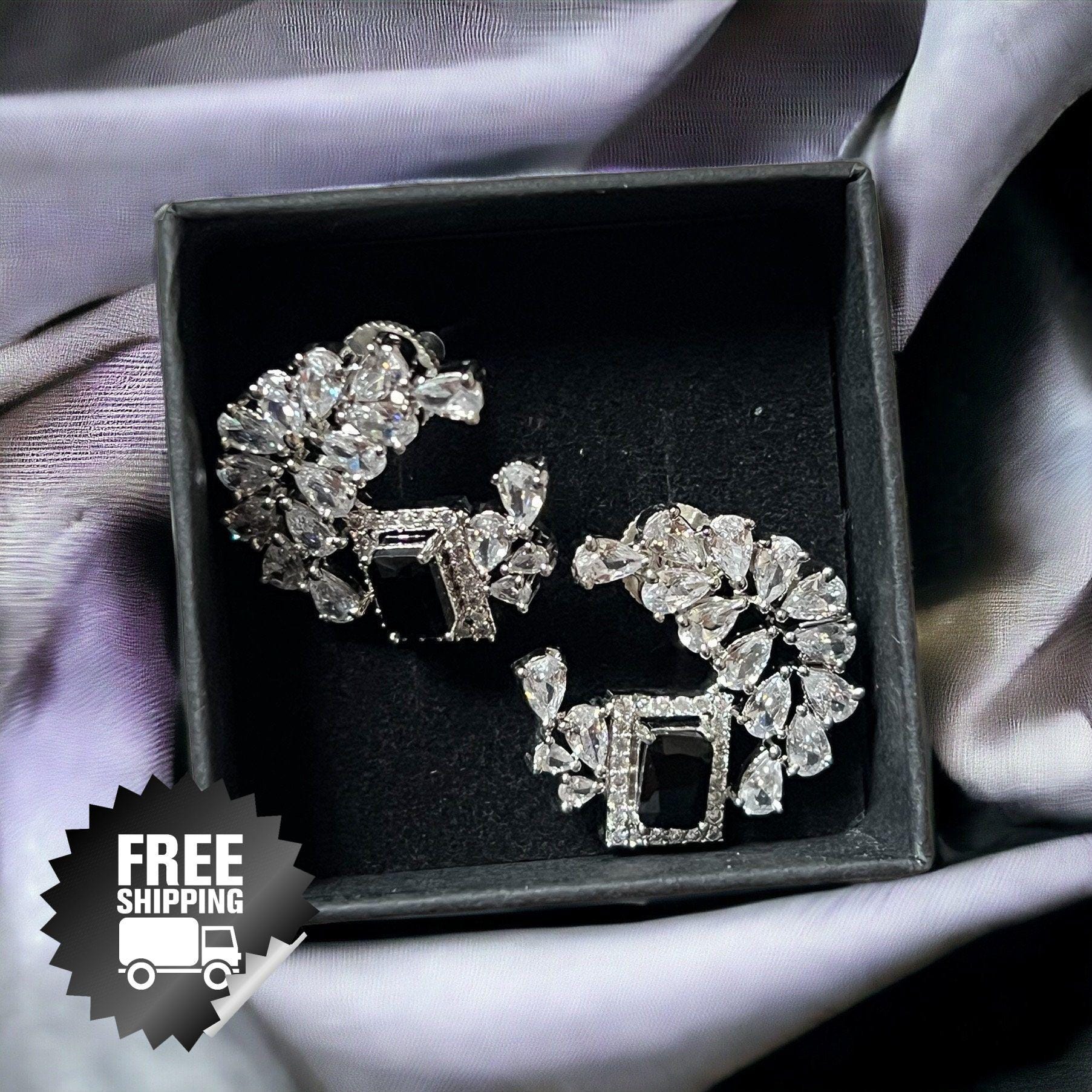 Black & Silver Statement Stud Earrings ? Cubic Zirconia Cluster with Jet Black Centerpiece | Luxe Party Jewelry - Image 2