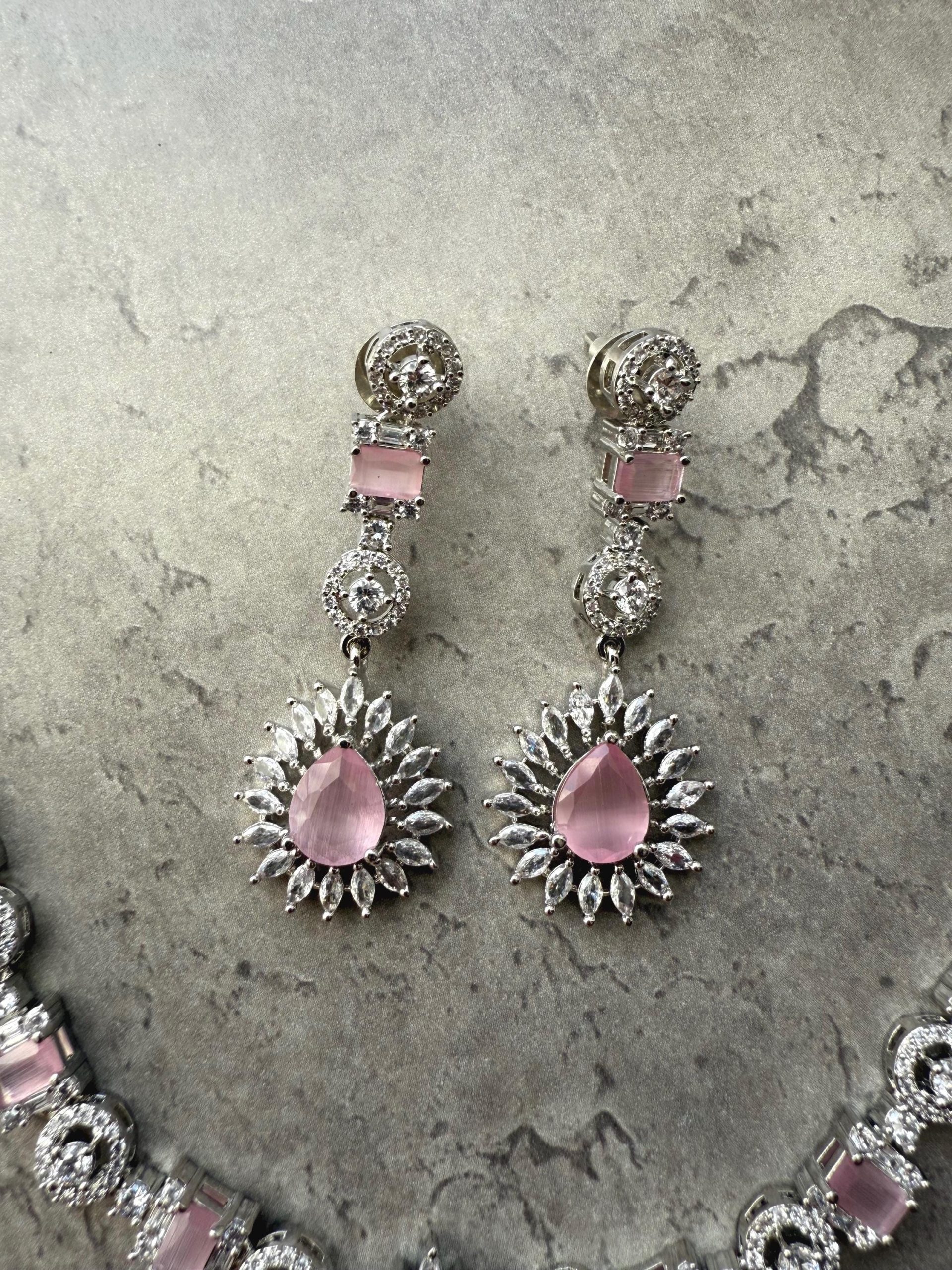 Blush Pink Bridal Jewelry Set | Teardrop Stone Necklace & Earrings | Silver Crystal Indian Wedding Set | Bridesmaid Gift | Asian Jewellery - Image 2