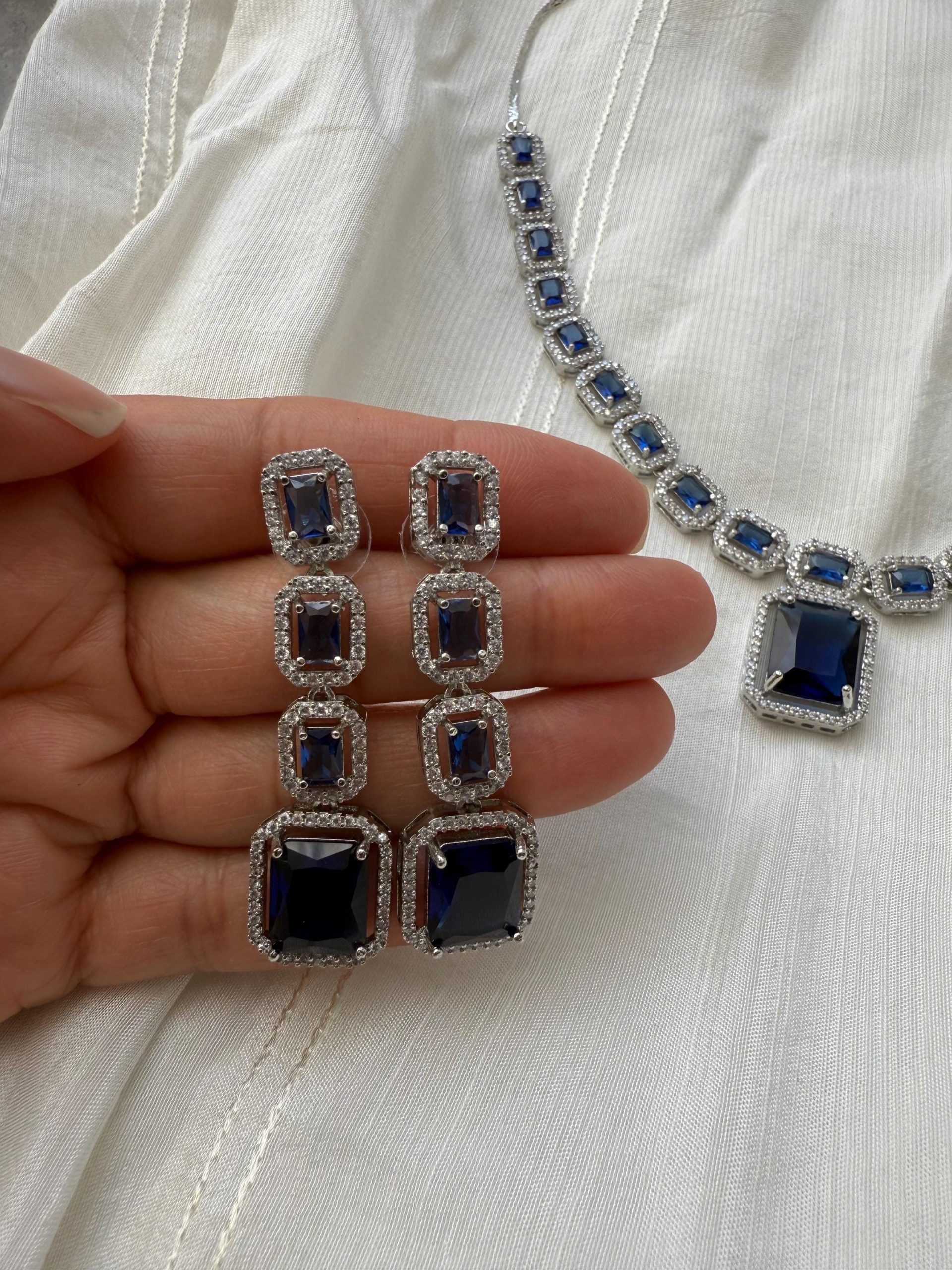 Sapphire Blue Necklace Set | Bridal Jewelry Silver | Crystal Choker & Earrings | Evening Wedding Set | South Asian Party Jewelry - Image 2