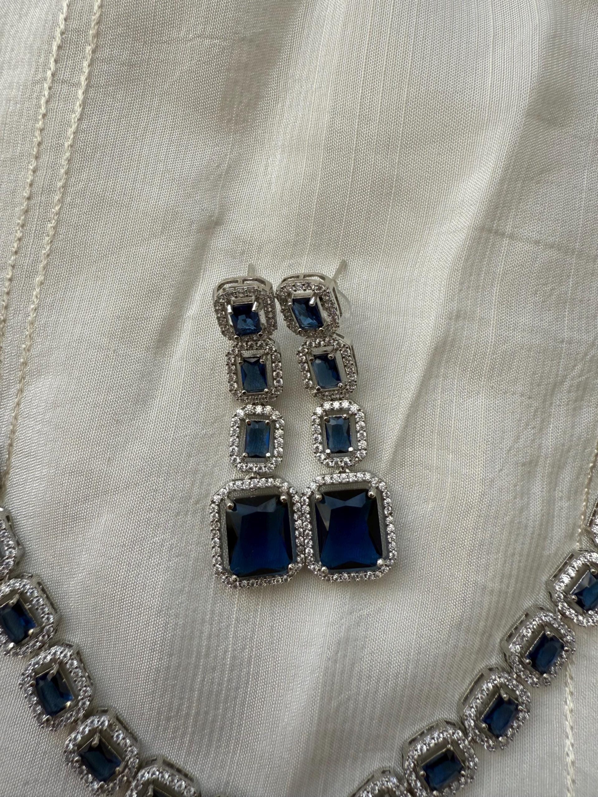 Sapphire Blue Necklace Set | Bridal Jewelry Silver | Crystal Choker & Earrings | Evening Wedding Set | South Asian Party Jewelry - Image 5