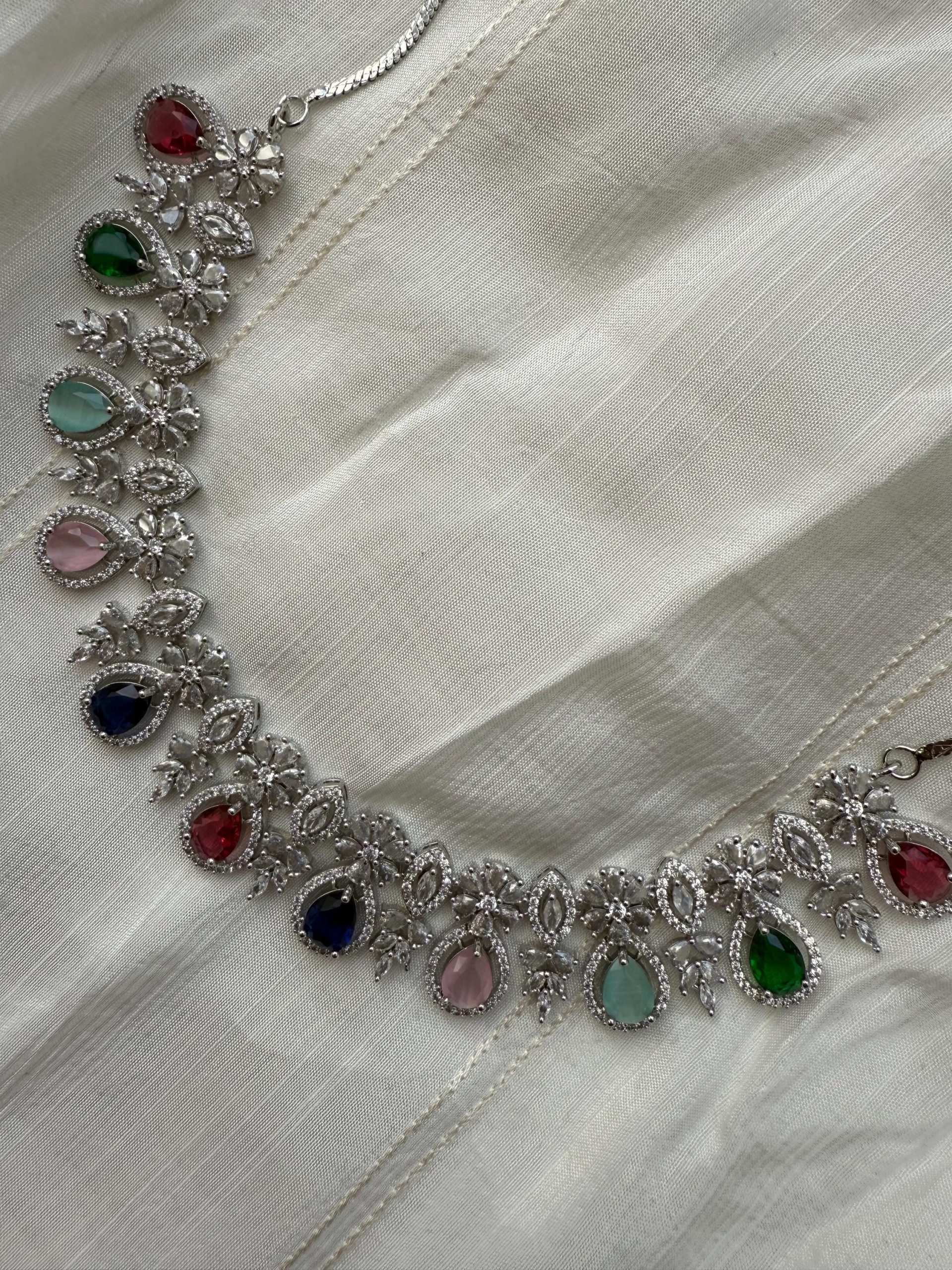 Multi-Gemstone Bridal Necklace Set | Silver Plated Jewelry | Colorful Indian Wedding Jewelry | Elegant Festive Necklace & Earrings - Image 3