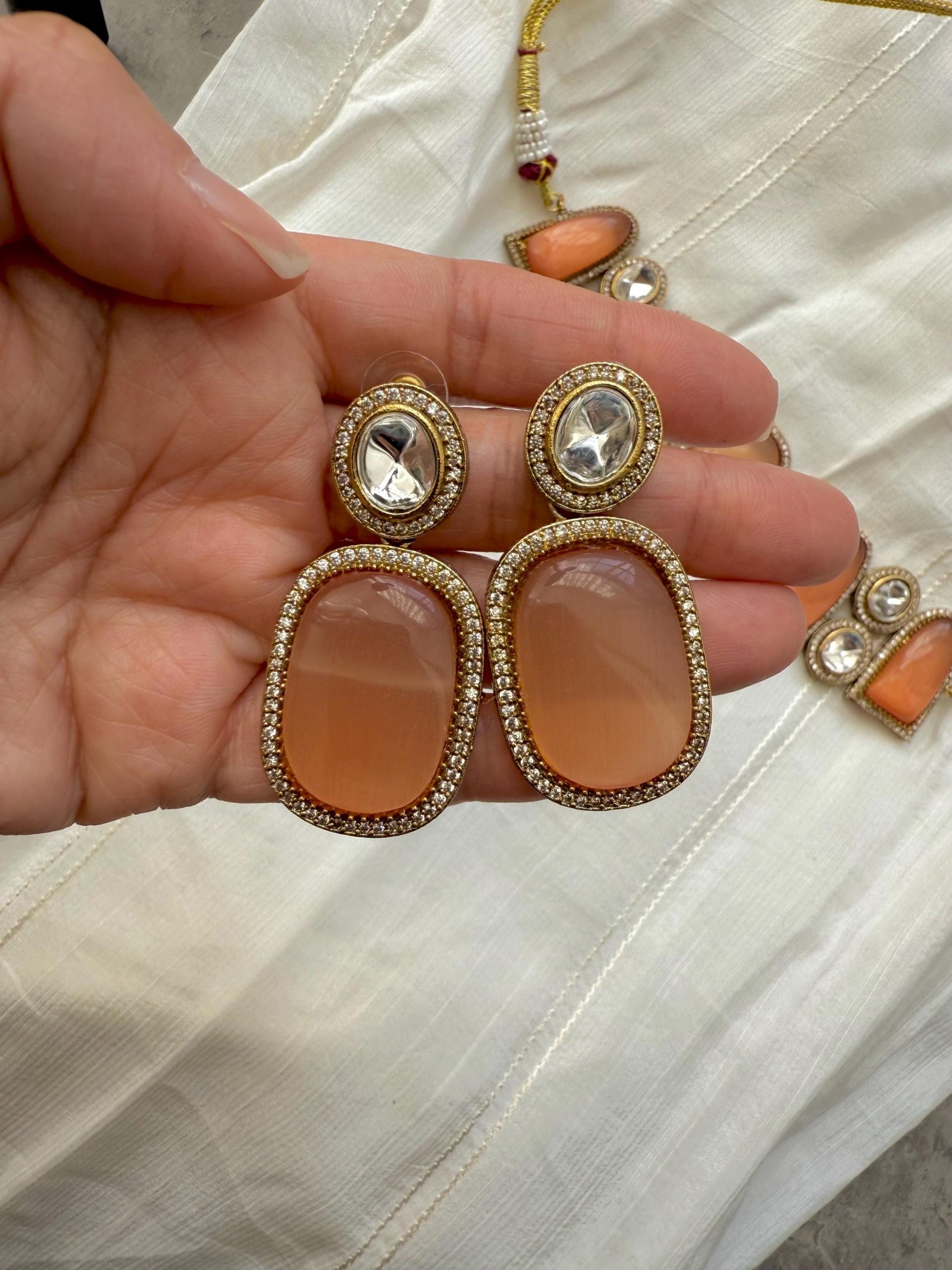 Amber Kundan Necklace Set | Indian Bridal Jewelry | Traditional Gold Tone Jewelry Set | Statement Necklace & Earrings for Wedding - Image 3