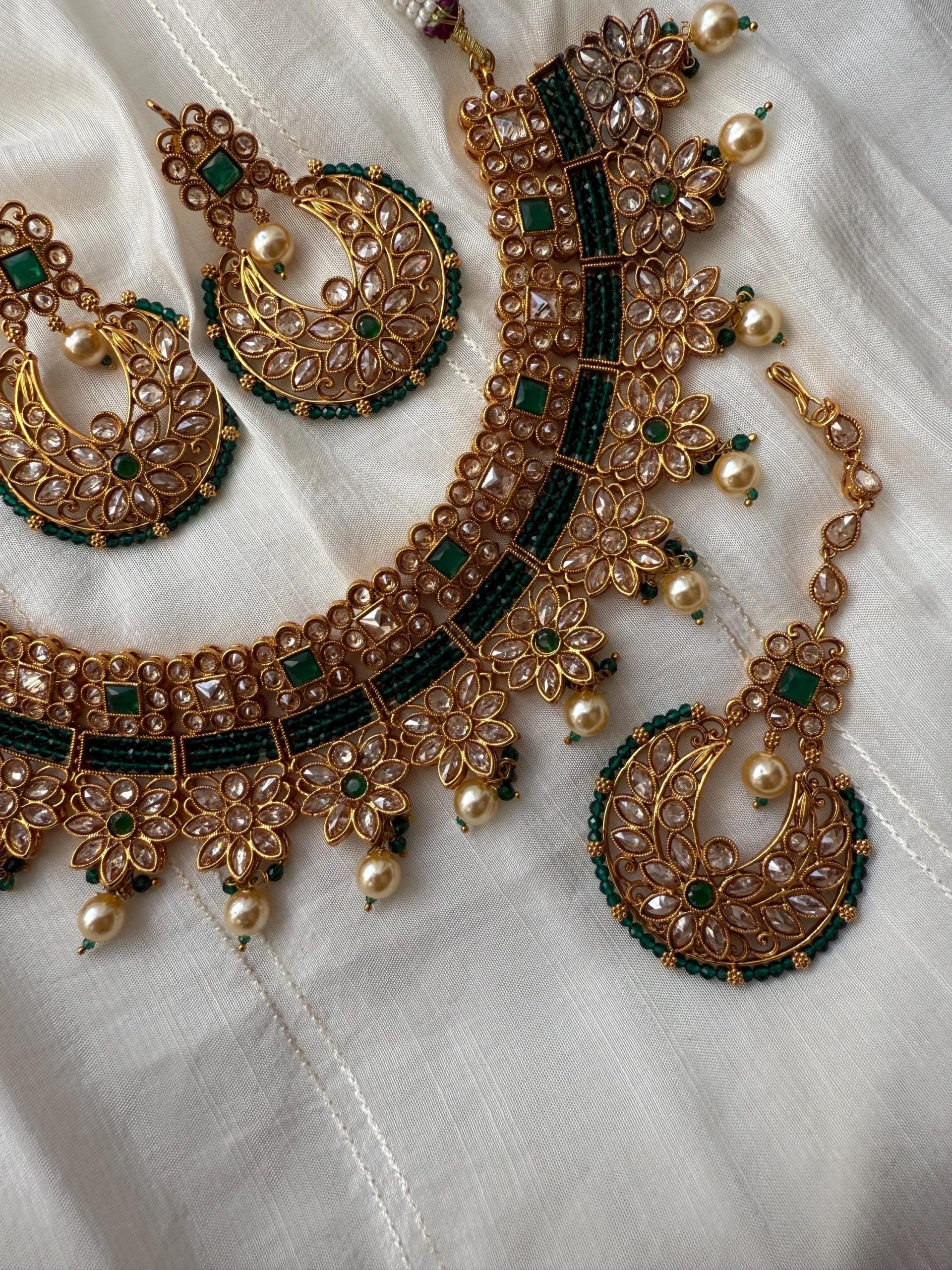 Green Kundan Bridal Jewelry Set ? Gold Choker Necklace, Crescent Jhumka Earrings & Maang Tikka ? Indian Wedding Set with Pearls - Image 5