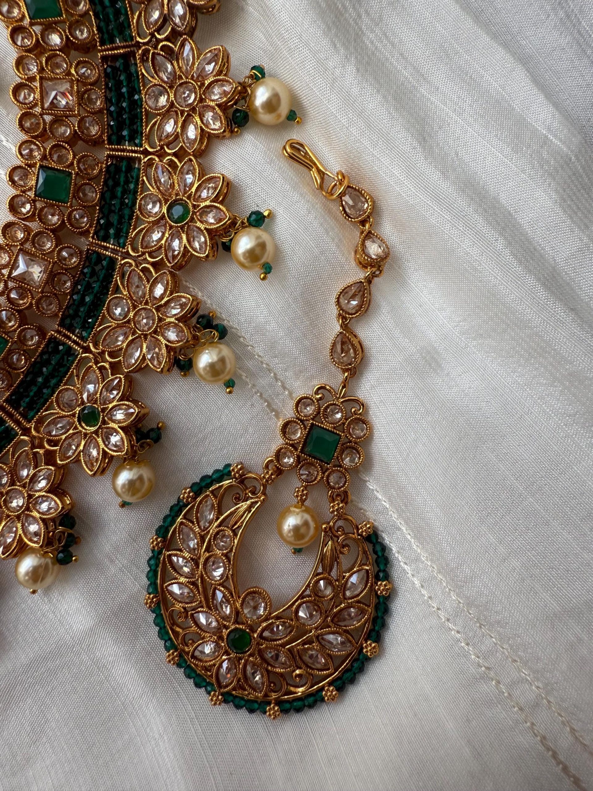 Green Kundan Bridal Jewelry Set ? Gold Choker Necklace, Crescent Jhumka Earrings & Maang Tikka ? Indian Wedding Set with Pearls - Image 4