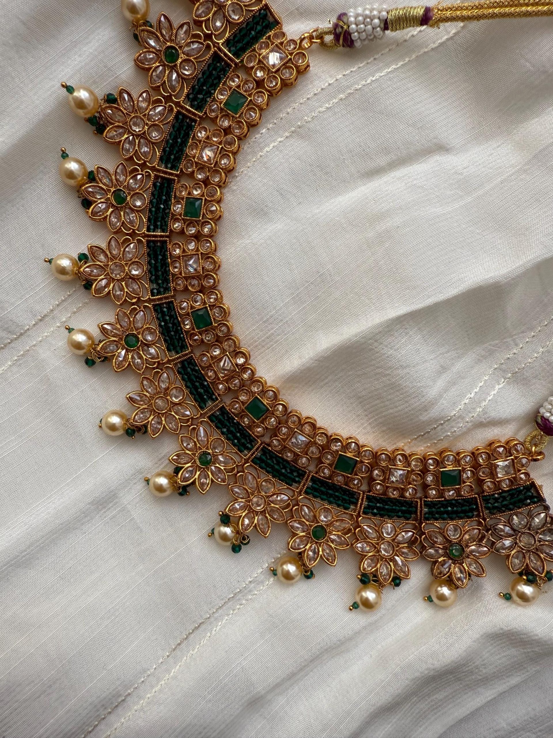 Green Kundan Bridal Jewelry Set ? Gold Choker Necklace, Crescent Jhumka Earrings & Maang Tikka ? Indian Wedding Set with Pearls - Image 2