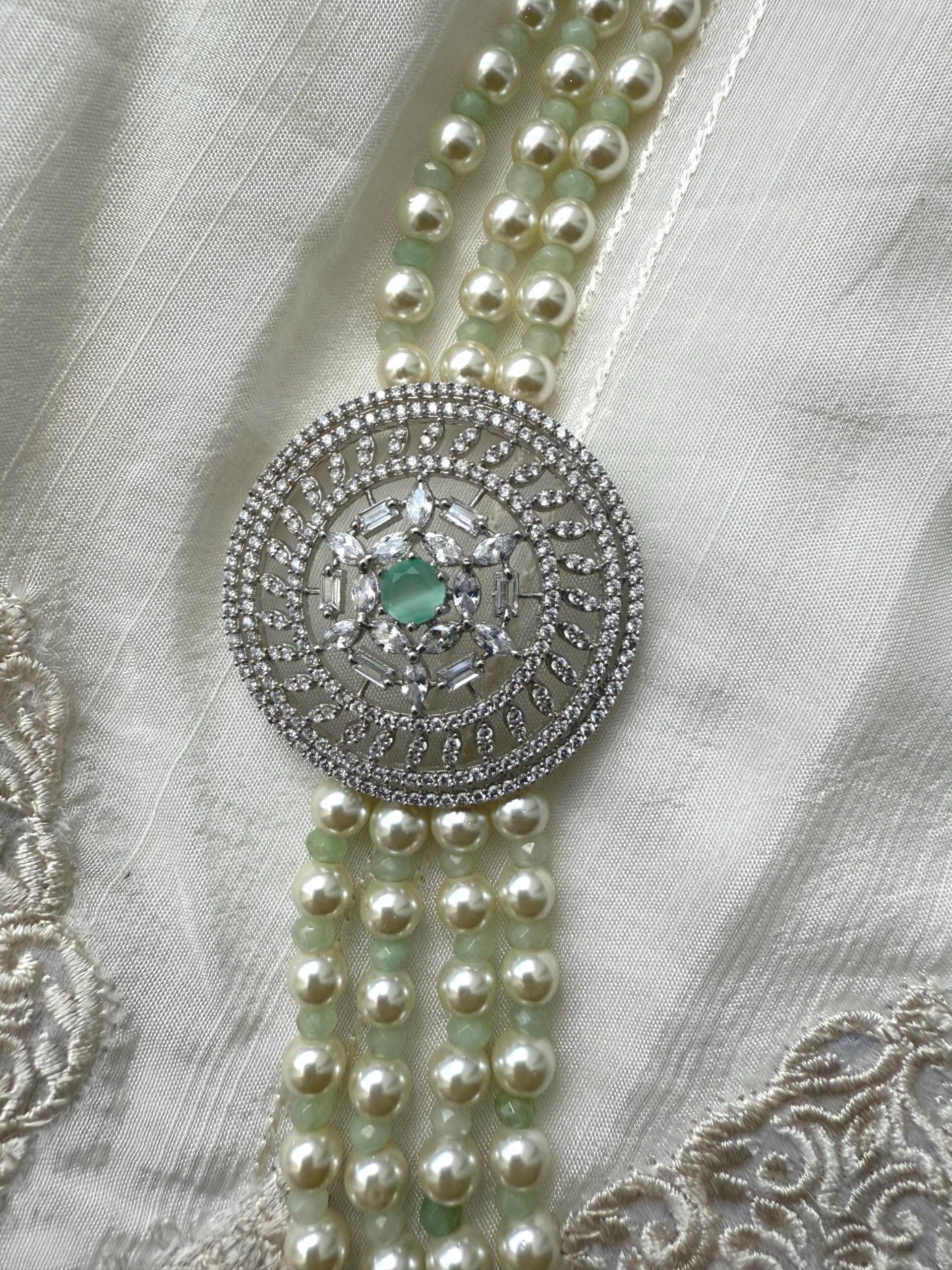 Mint Pearl Kundan Choker Necklace with Crystal Medallion ? Bridal & Festive Jewelry - Image 2