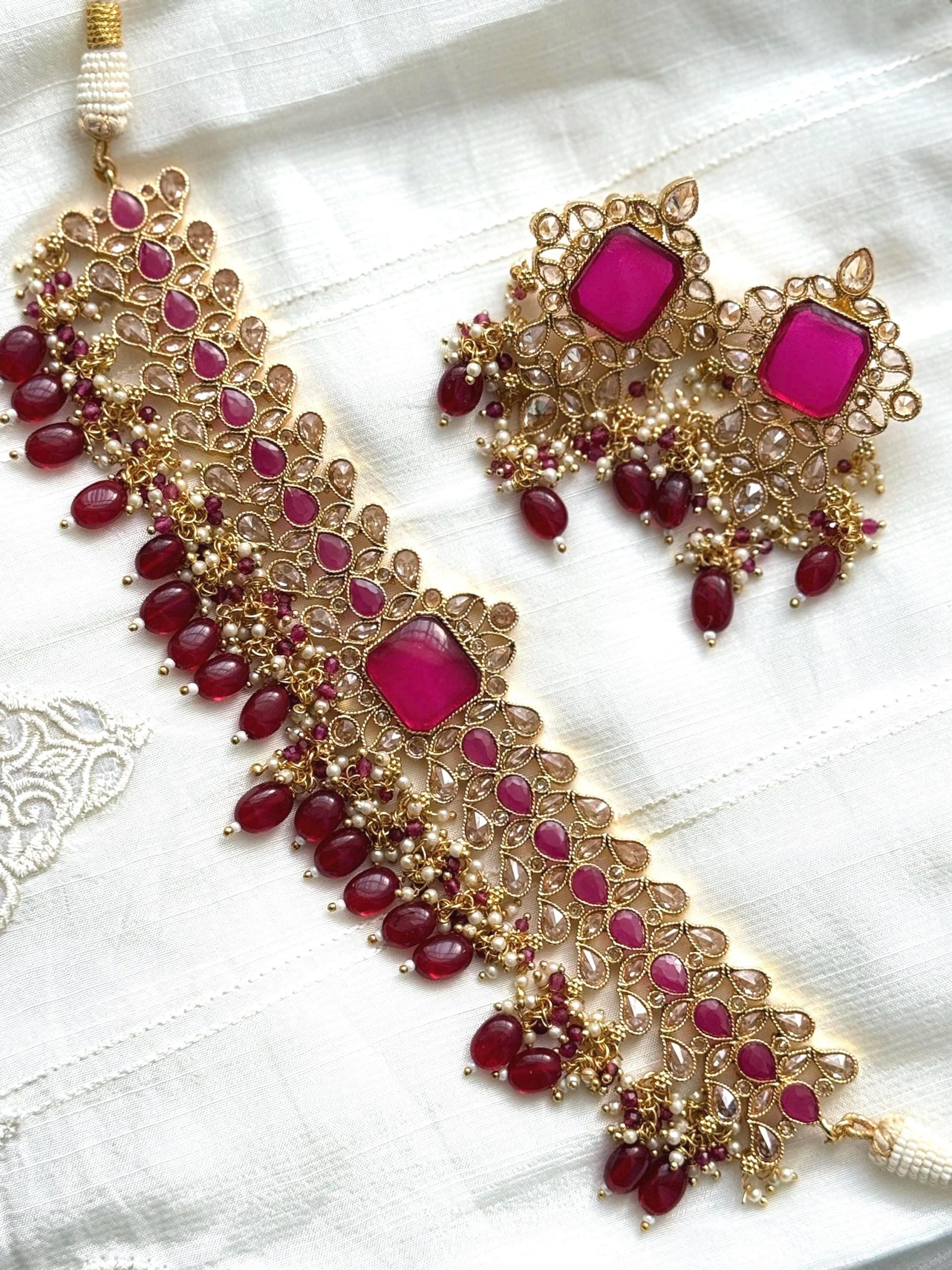 Rani Pink Gold Kundan Choker Necklace Set | Bridal Indian Jewelry | Wedding Statement Necklace with Earrings