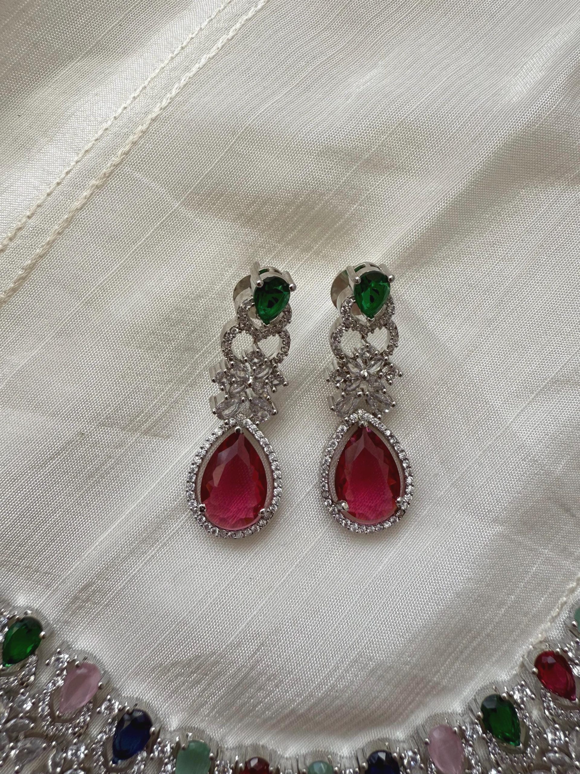 Colorful Teardrop Necklace & Earrings Set ? Silver Plated CZ Bridal Jewelry - Image 2