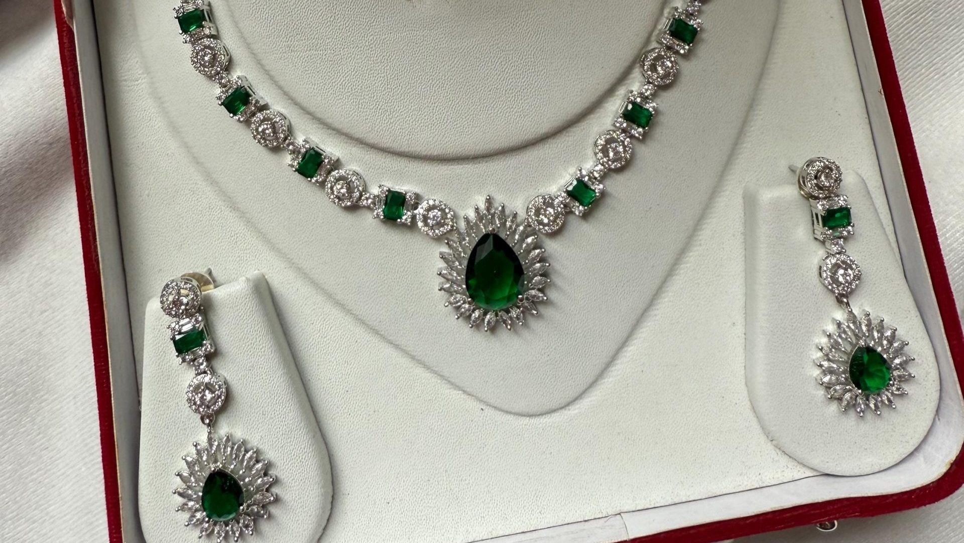 Emerald Bridal Necklace Set Green Gemstone Earrings CZ Crystal Jewelry Gift - Image 7