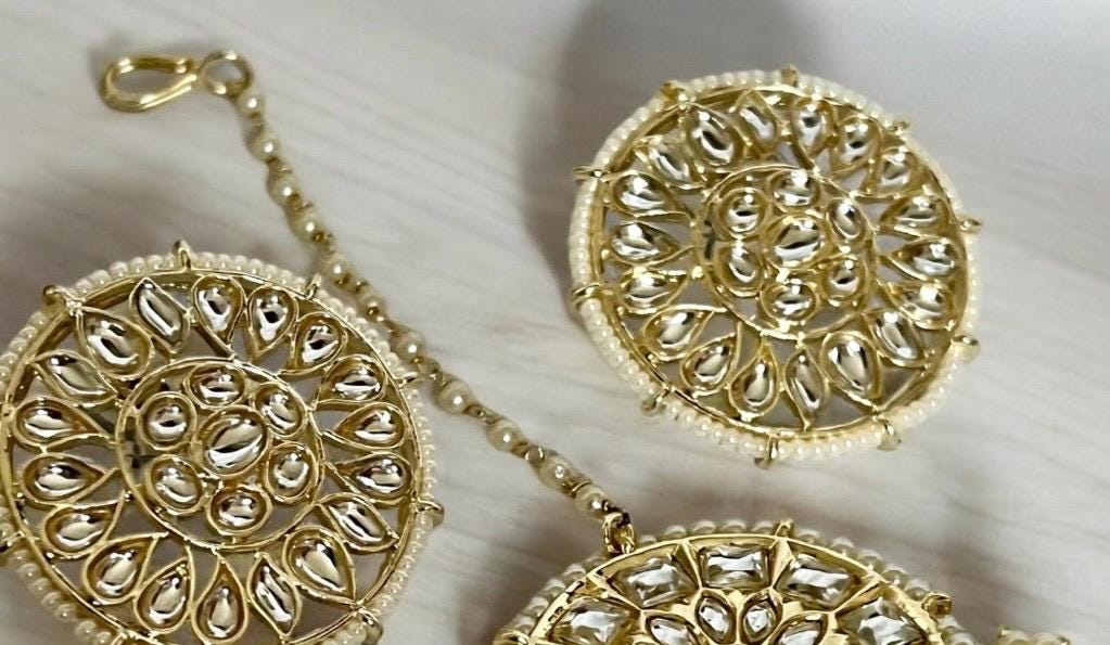 Gold Kundan Maang Tikka & Earring Set ? Bridal Indian Jewelry - Image 3