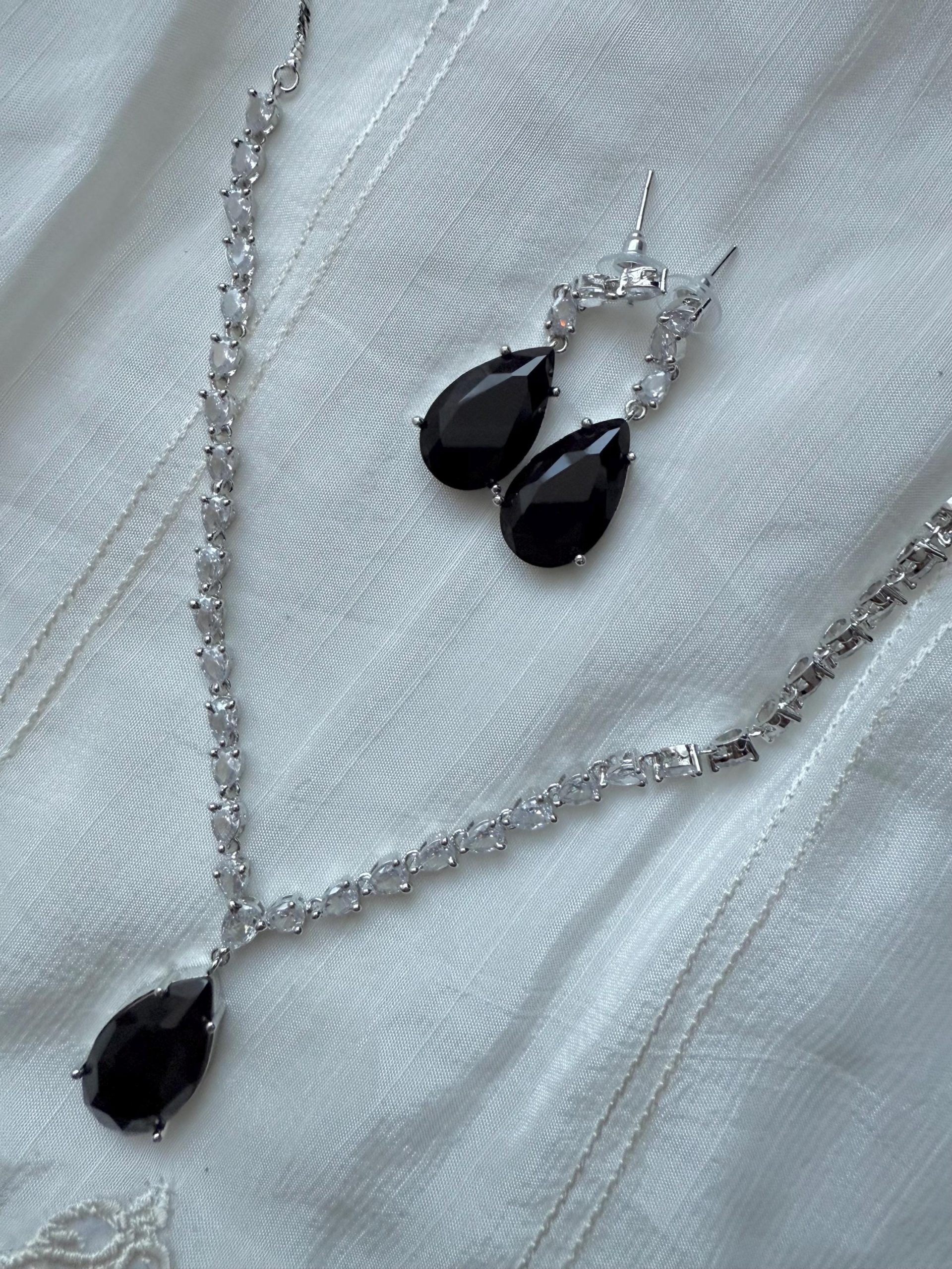 Black Teardrop Necklace & Earring Set ? Elegant Crystal Bridal Jewelry, Formal Evening Set, Statement Drop Set