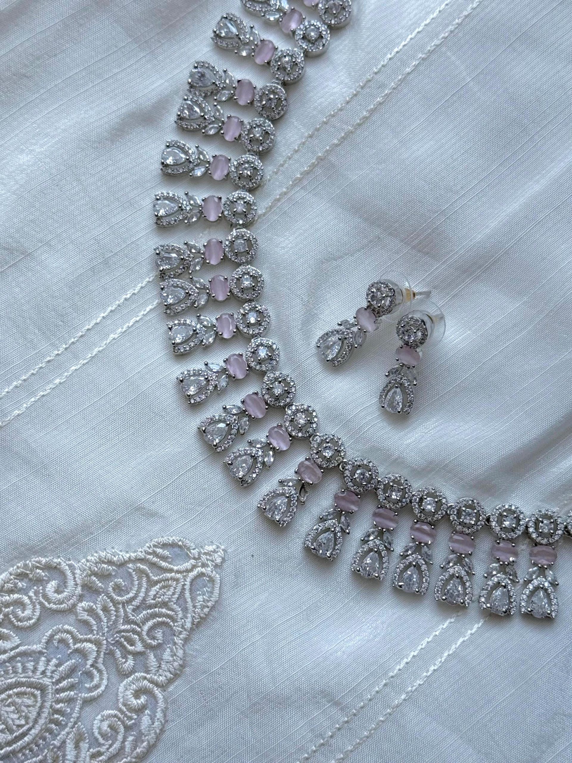 Silver Pink Crystal Necklace Set | Elegant Bridal Jewelry | Statement Choker with Earrings | Indian Wedding Jewelry | Party Jewelry Set