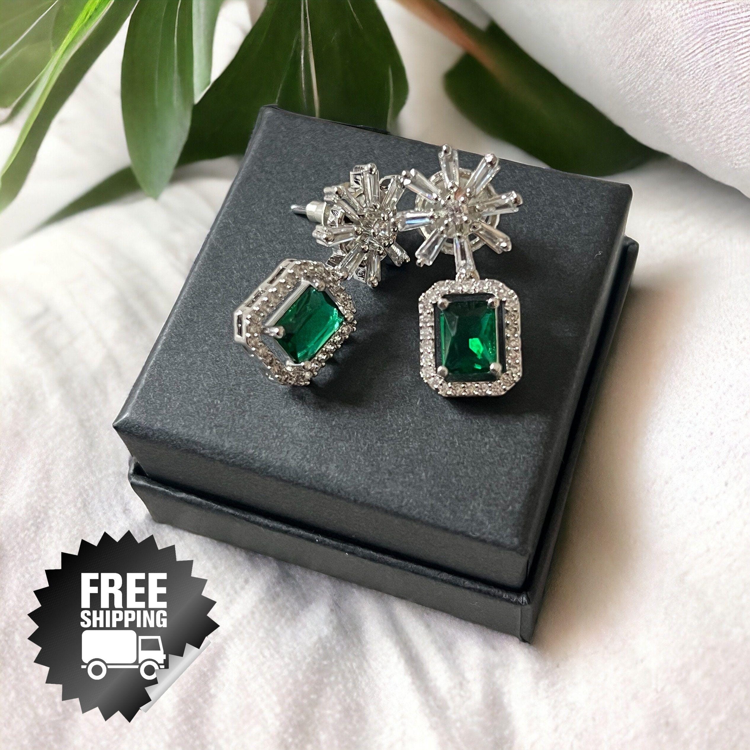 Emerald Green & Starburst Stud Earring Set | Bridal and Party Crystal Studs | Gift Box Included | Silver Sparkle Statement Set - Image 2