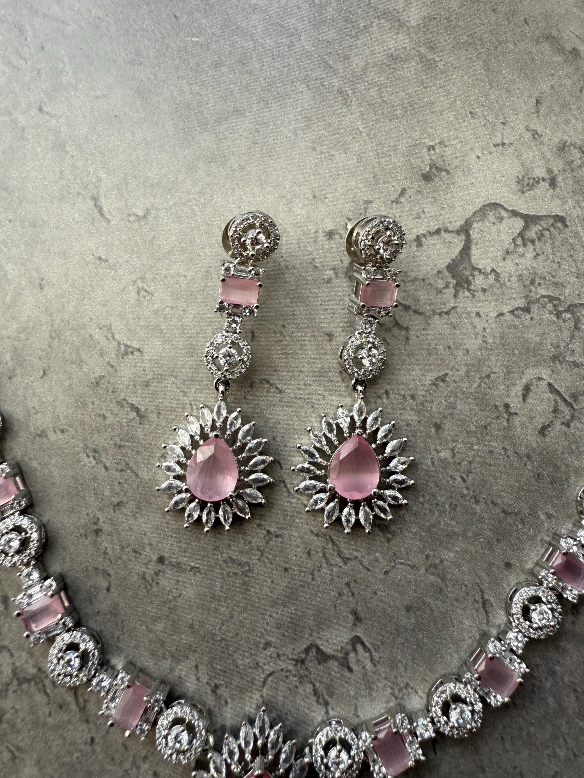 Blush Pink Bridal Jewelry Set | Teardrop Stone Necklace & Earrings | Silver Crystal Indian Wedding Set | Bridesmaid Gift | Asian Jewellery - Image 3