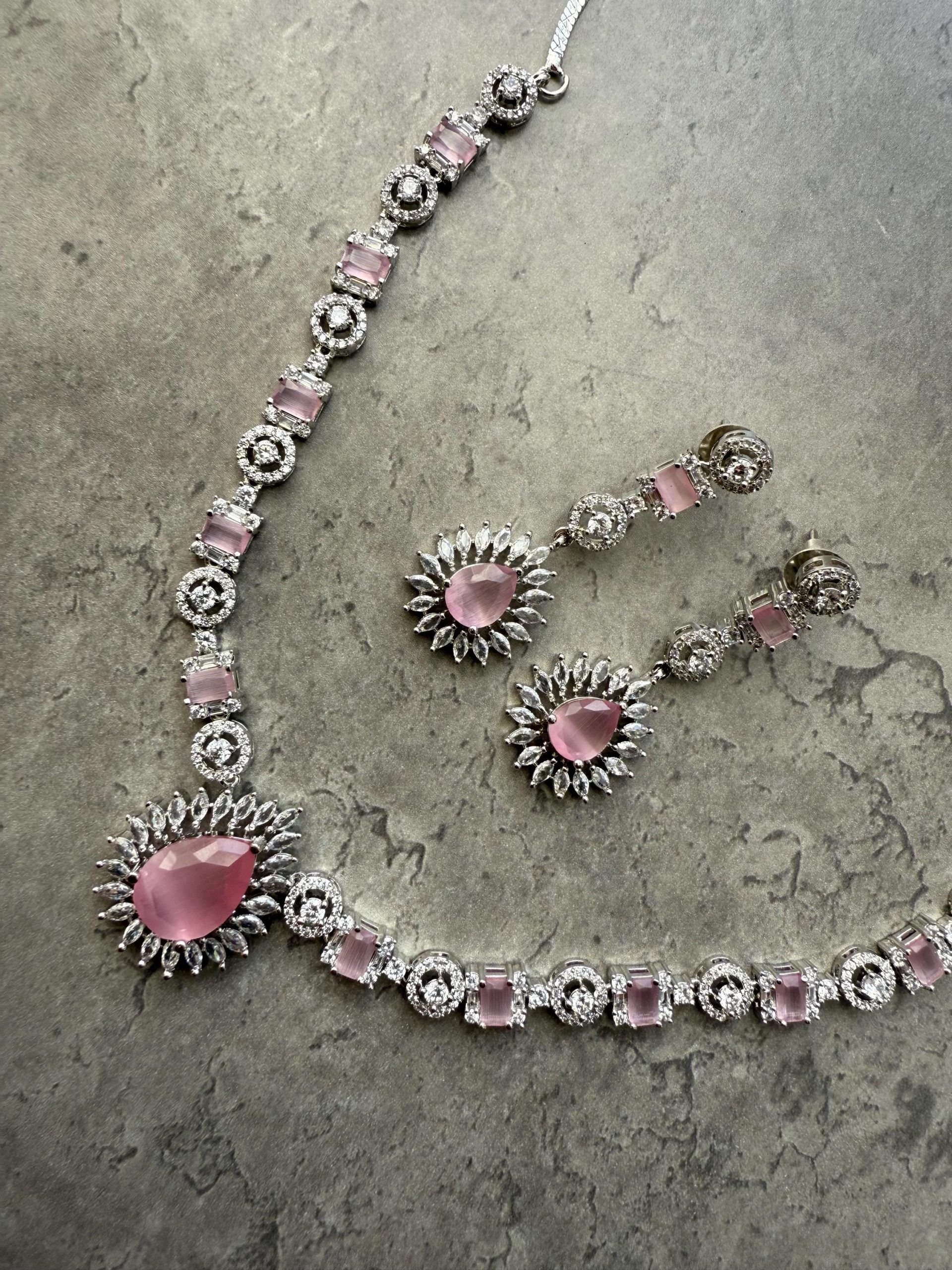 Blush Pink Bridal Jewelry Set | Teardrop Stone Necklace & Earrings | Silver Crystal Indian Wedding Set | Bridesmaid Gift | Asian Jewellery - Image 4