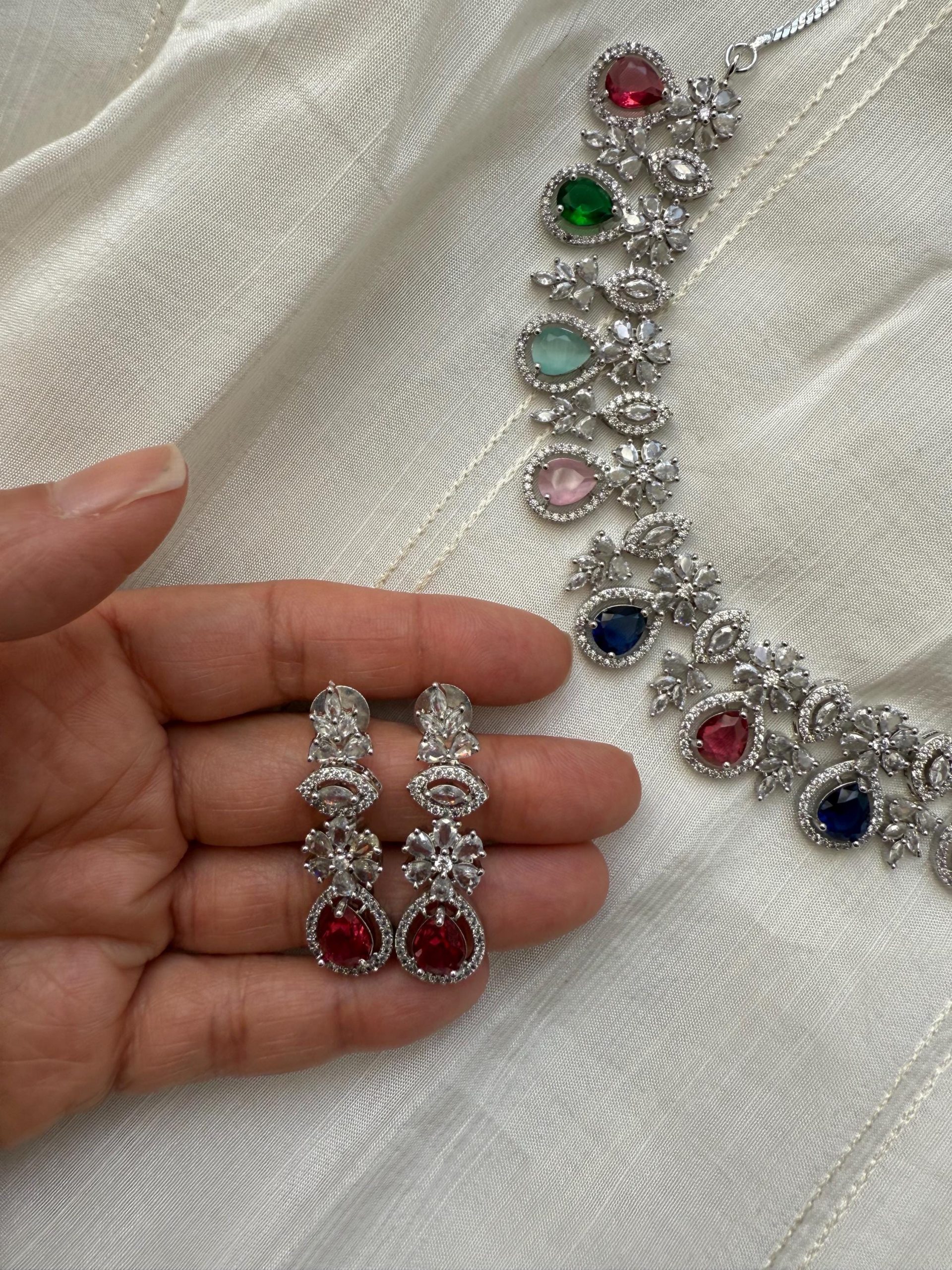 Multi-Gemstone Bridal Necklace Set | Silver Plated Jewelry | Colorful Indian Wedding Jewelry | Elegant Festive Necklace & Earrings - Image 4