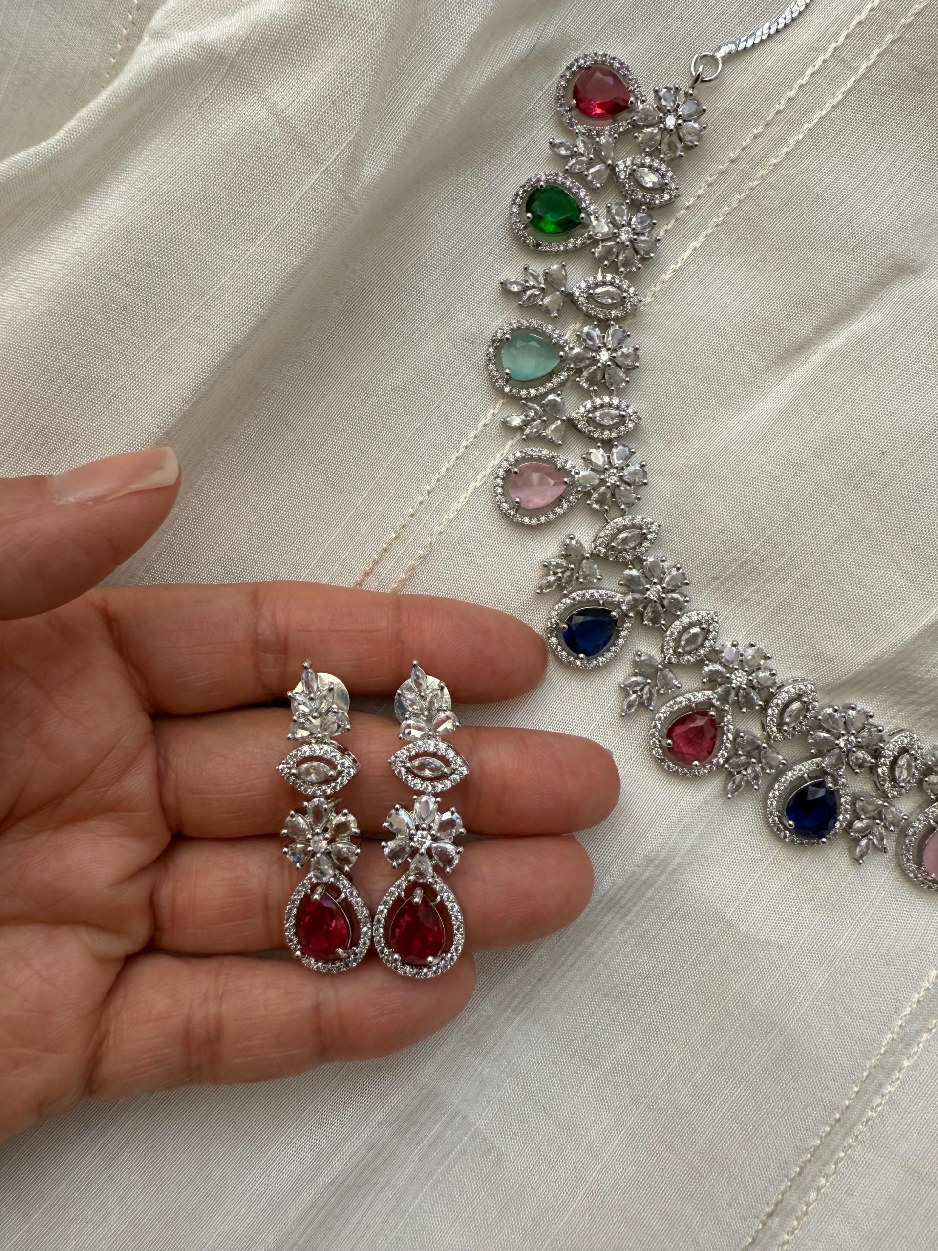 Multi-Gemstone Bridal Necklace Set | Silver Plated Jewelry | Colorful Indian Wedding Jewelry | Elegant Festive Necklace & Earrings - Image 2