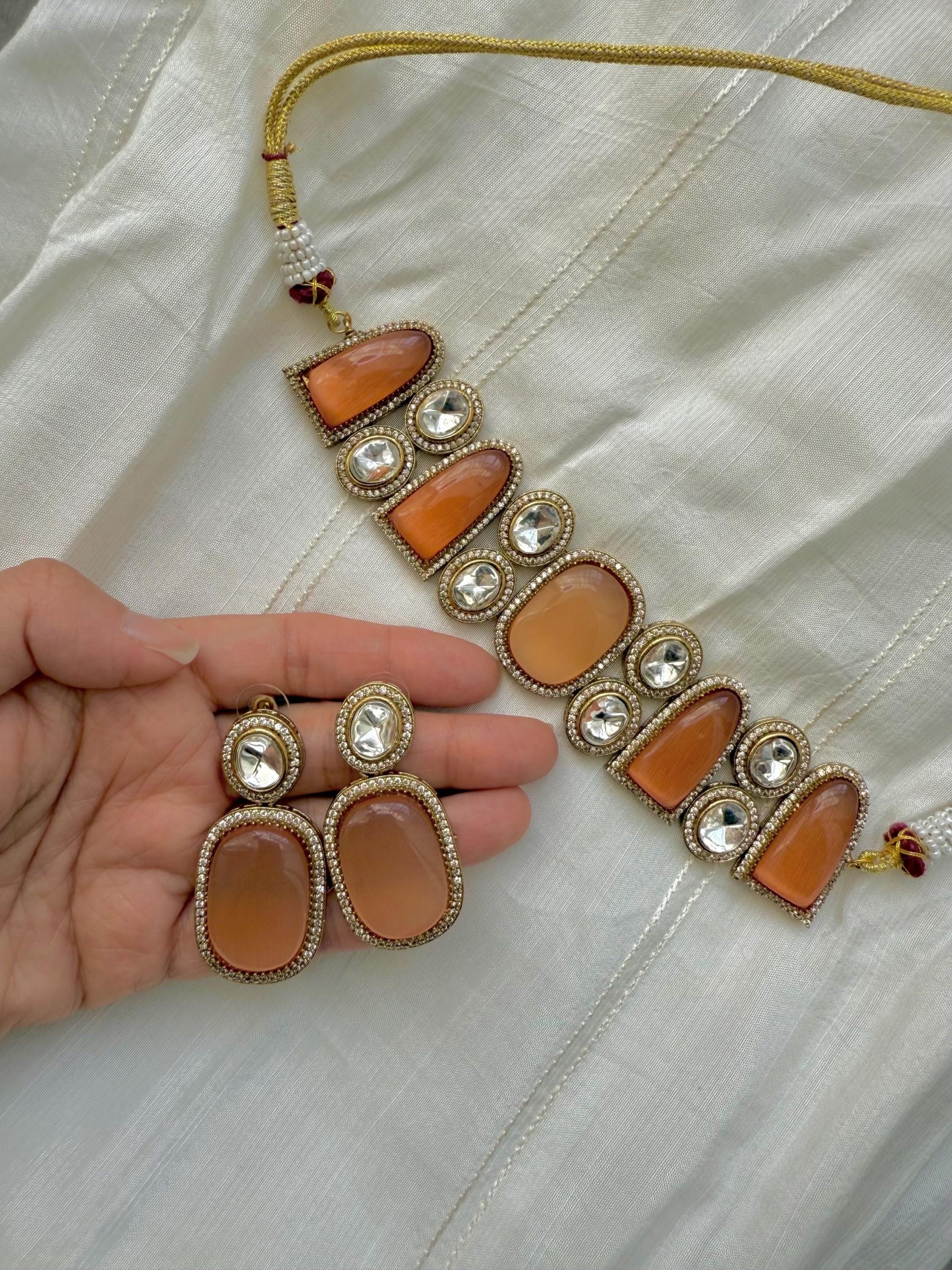 Amber Kundan Necklace Set | Indian Bridal Jewelry | Traditional Gold Tone Jewelry Set | Statement Necklace & Earrings for Wedding - Image 4