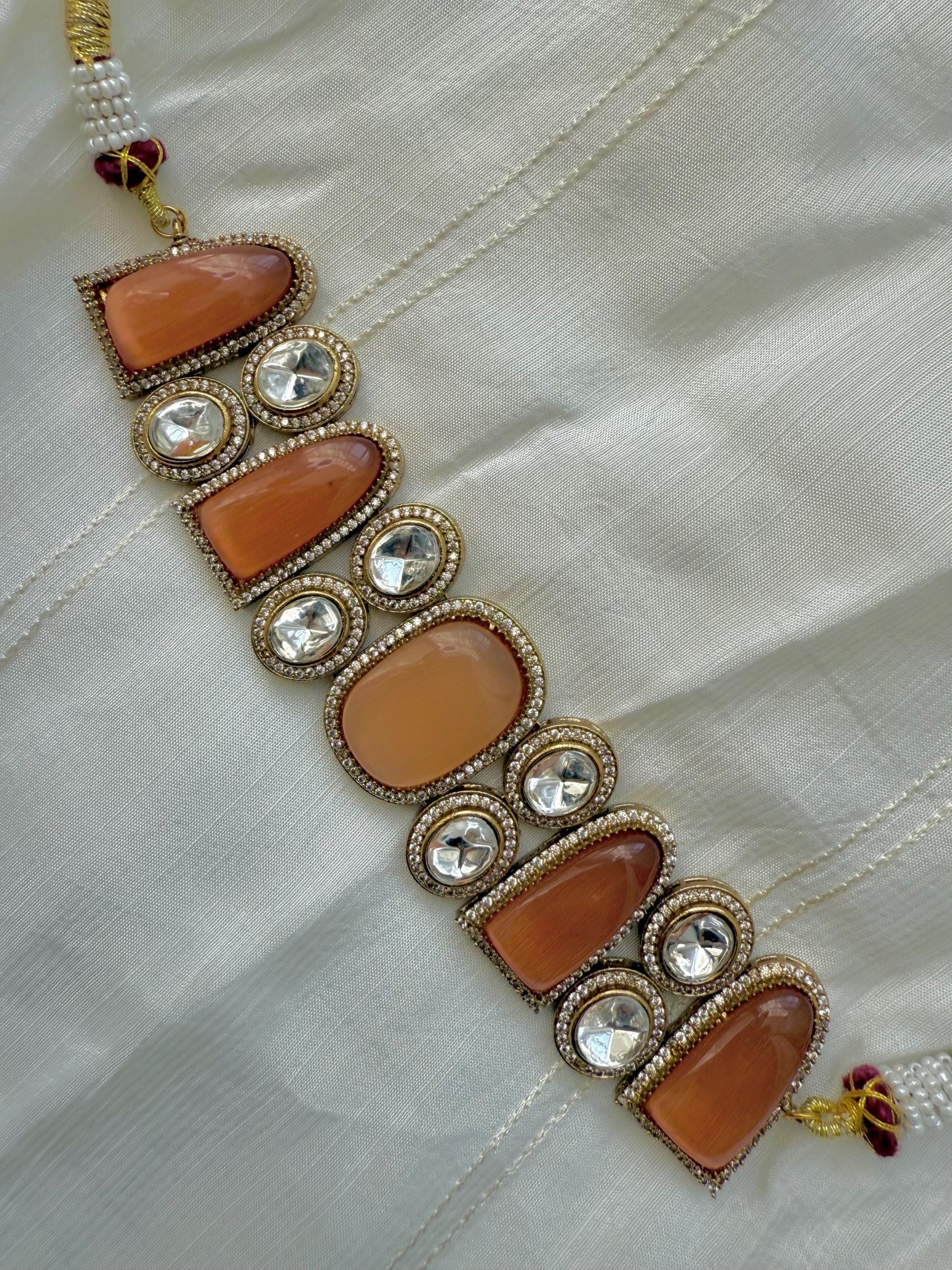 Amber Kundan Necklace Set | Indian Bridal Jewelry | Traditional Gold Tone Jewelry Set | Statement Necklace & Earrings for Wedding - Image 2