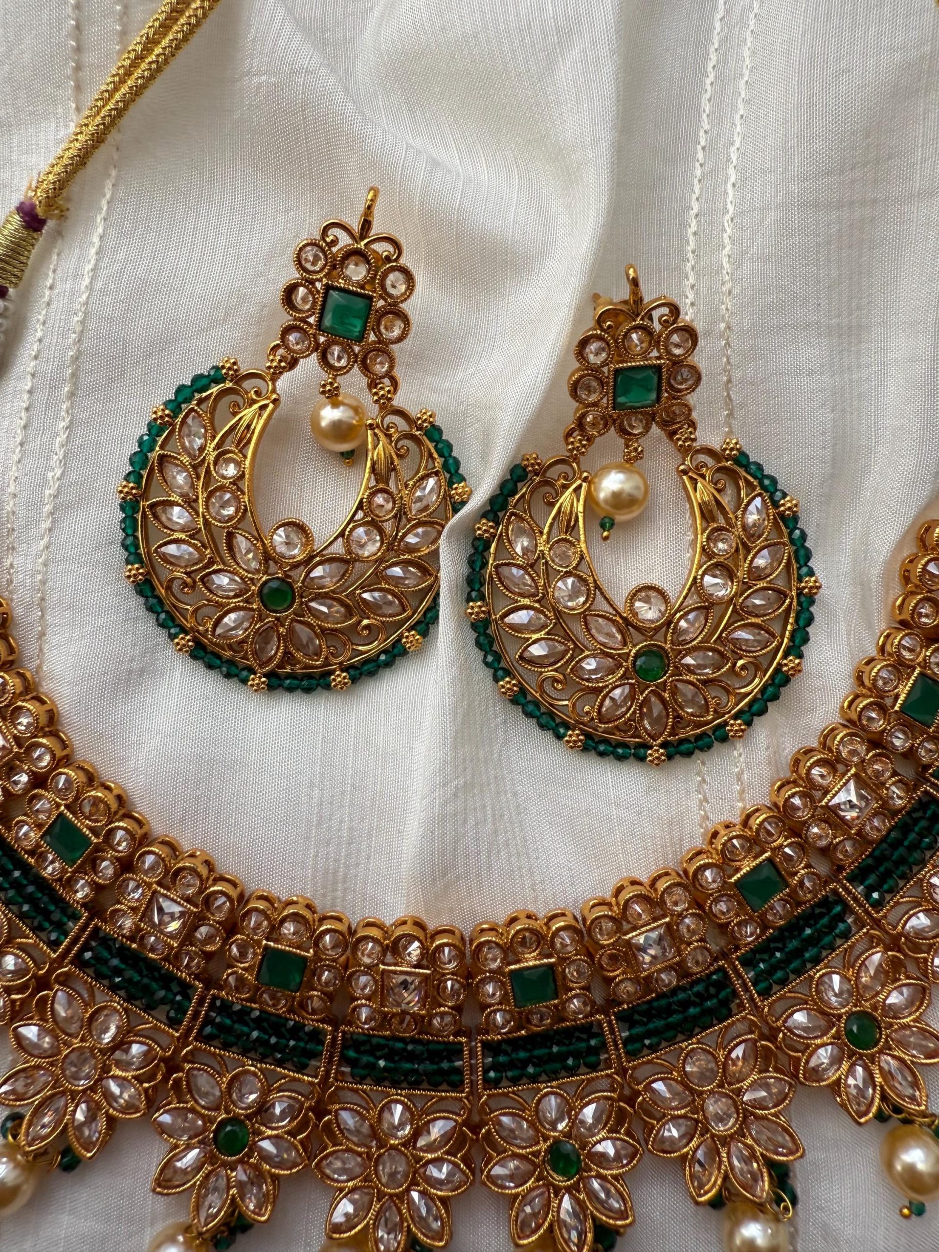 Green Kundan Bridal Jewelry Set ? Gold Choker Necklace, Crescent Jhumka Earrings & Maang Tikka ? Indian Wedding Set with Pearls - Image 3