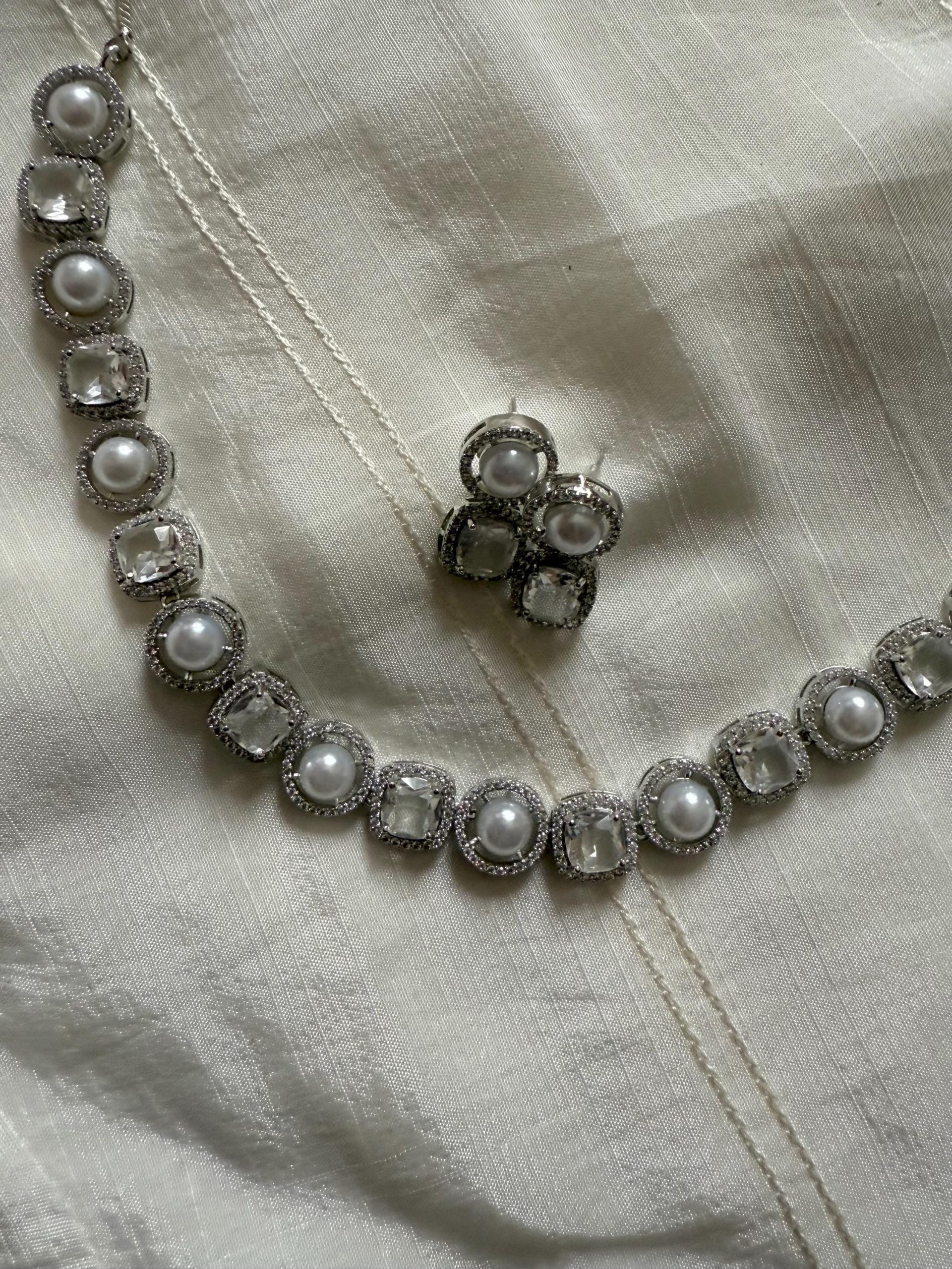 Silver Pearl and Crystal Necklace Set ? Bridal Jewelry with Matching Earrings - Image 4