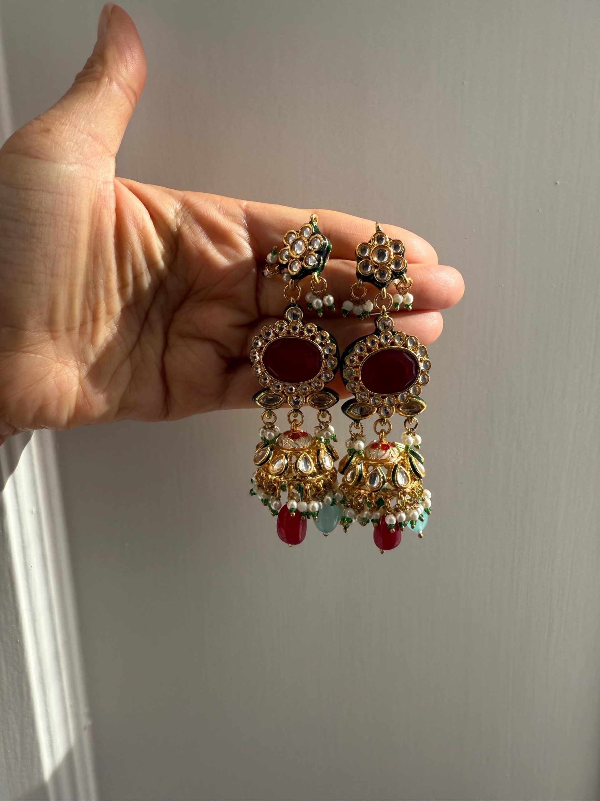 Multistone Kundan Bridal Necklace Set | Mughal Style Statement Jewelry | Pearl Dangle Gold Plated Indian Set | Wedding Jewellery - Image 3