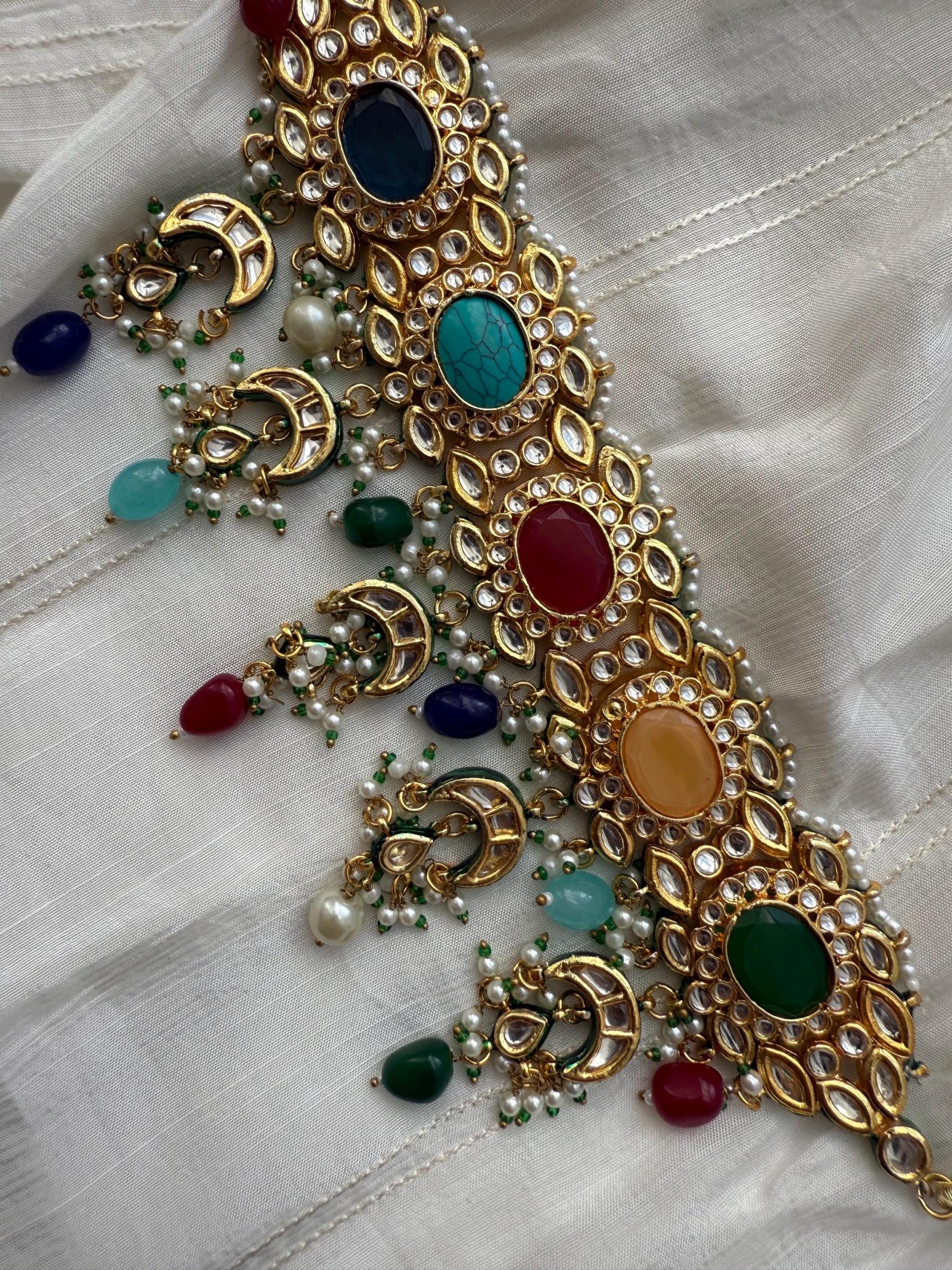 Multistone Kundan Bridal Necklace Set | Mughal Style Statement Jewelry | Pearl Dangle Gold Plated Indian Set | Wedding Jewellery - Image 2