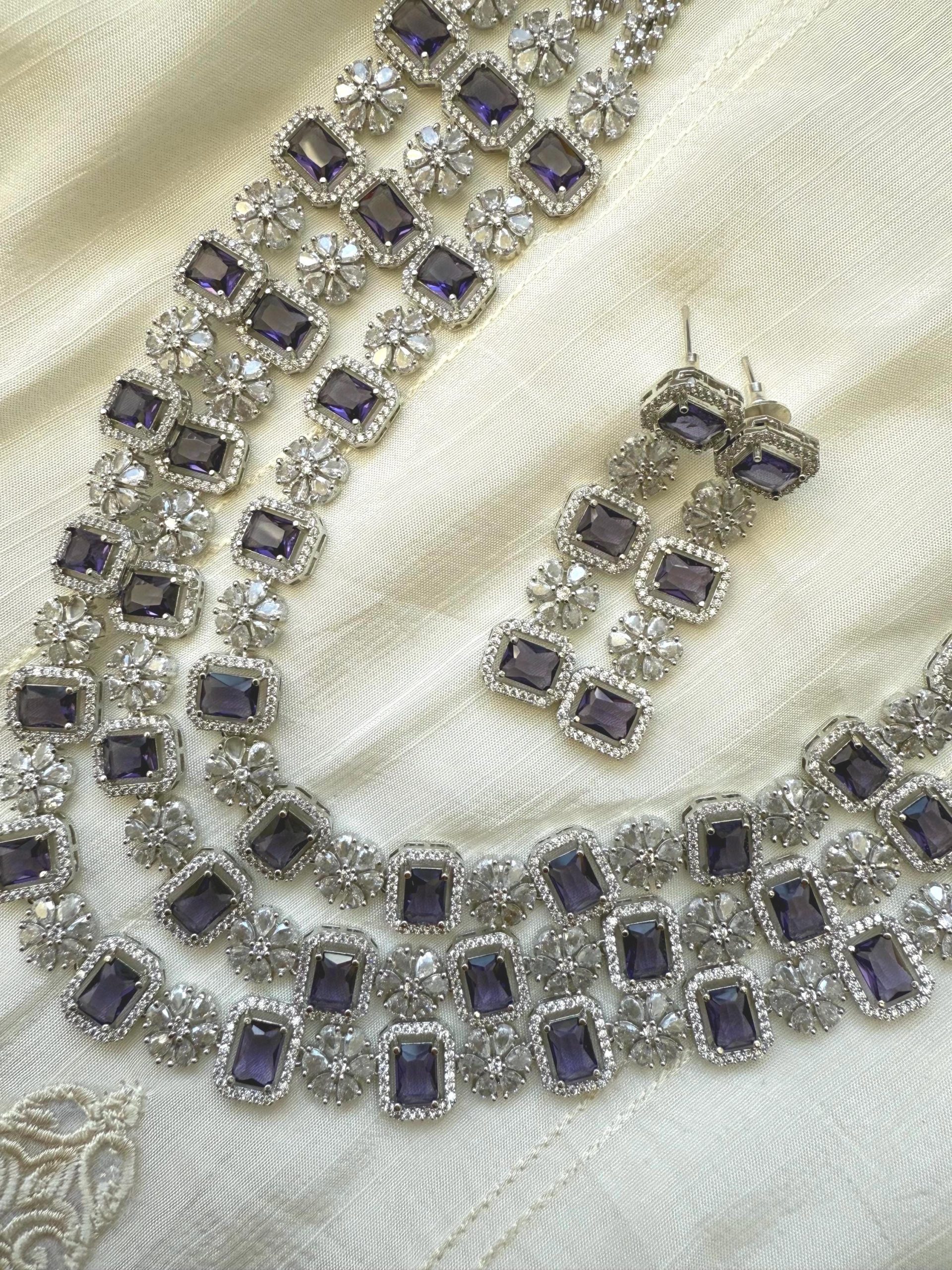 Amethyst Purple Bridal Necklace Set | Silver Multi-Layer CZ Choker | Indian Wedding Jewelry Set with Earrings | Statement Jewelry