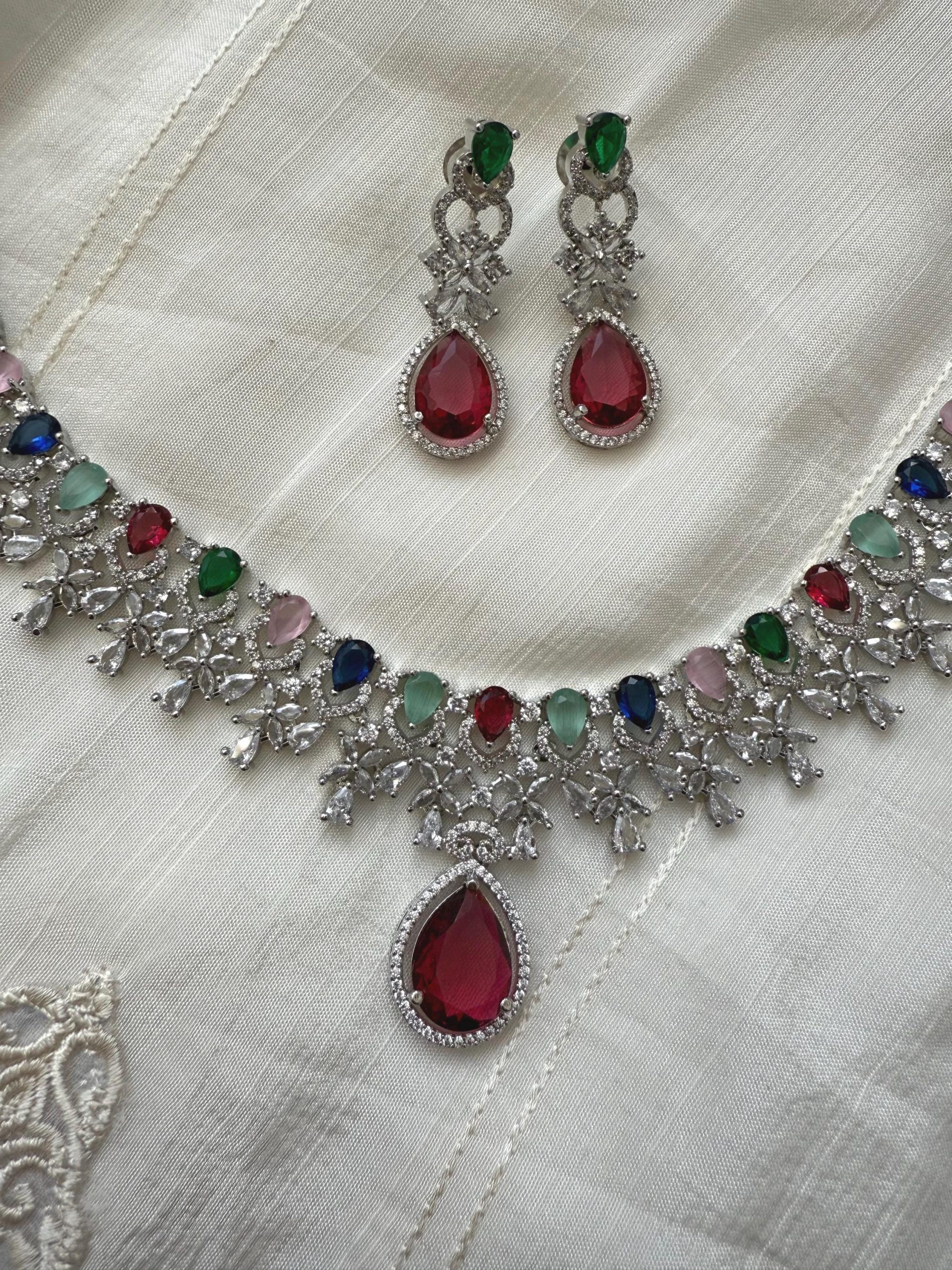 Colorful Teardrop Necklace & Earrings Set ? Silver Plated CZ Bridal Jewelry - Image 3