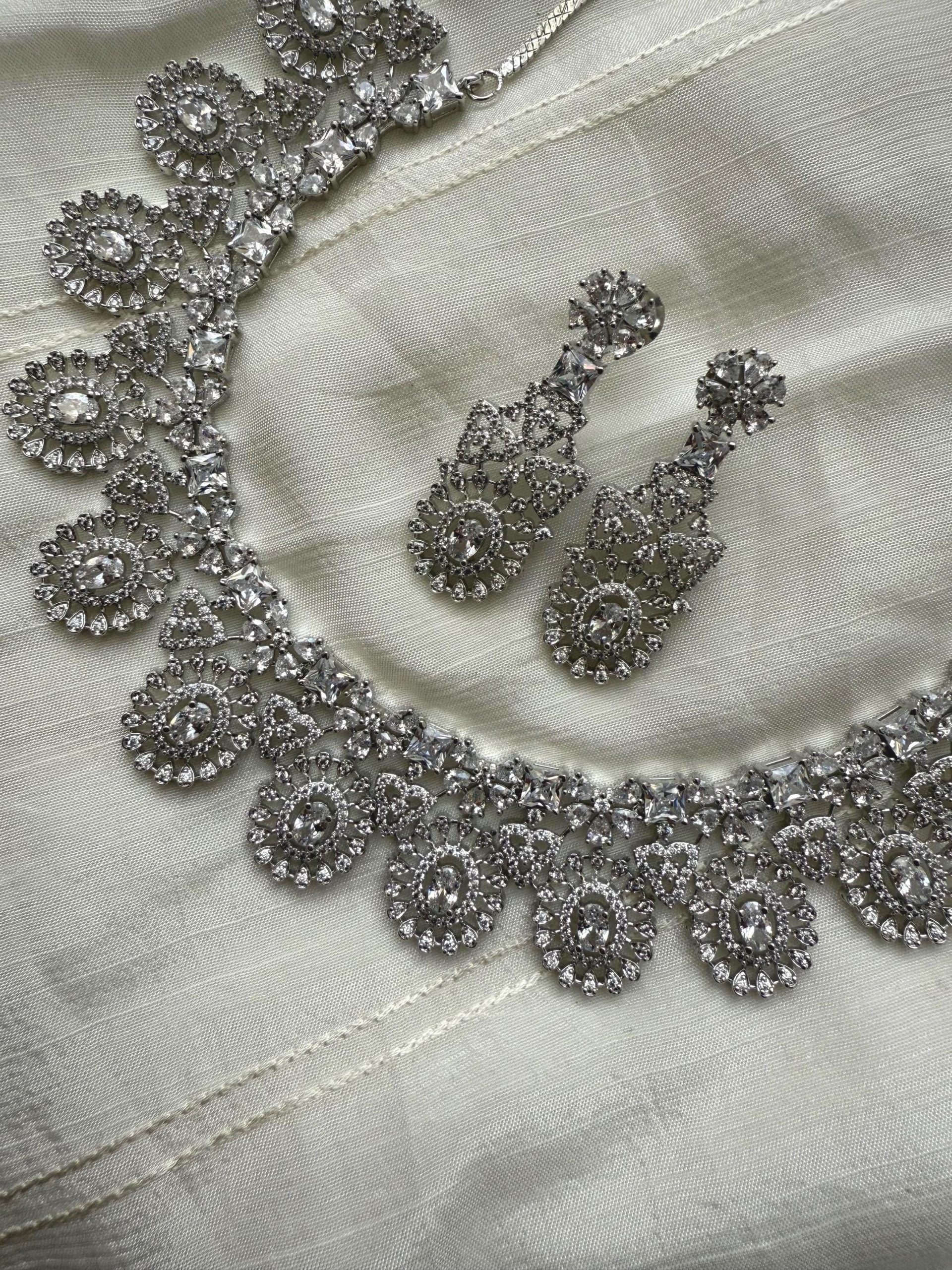 Celestial Halo Bridal Choker Set ? Silver CZ Necklace & Earrings | Indian Wedding Jewelry | Statement Bridal Set