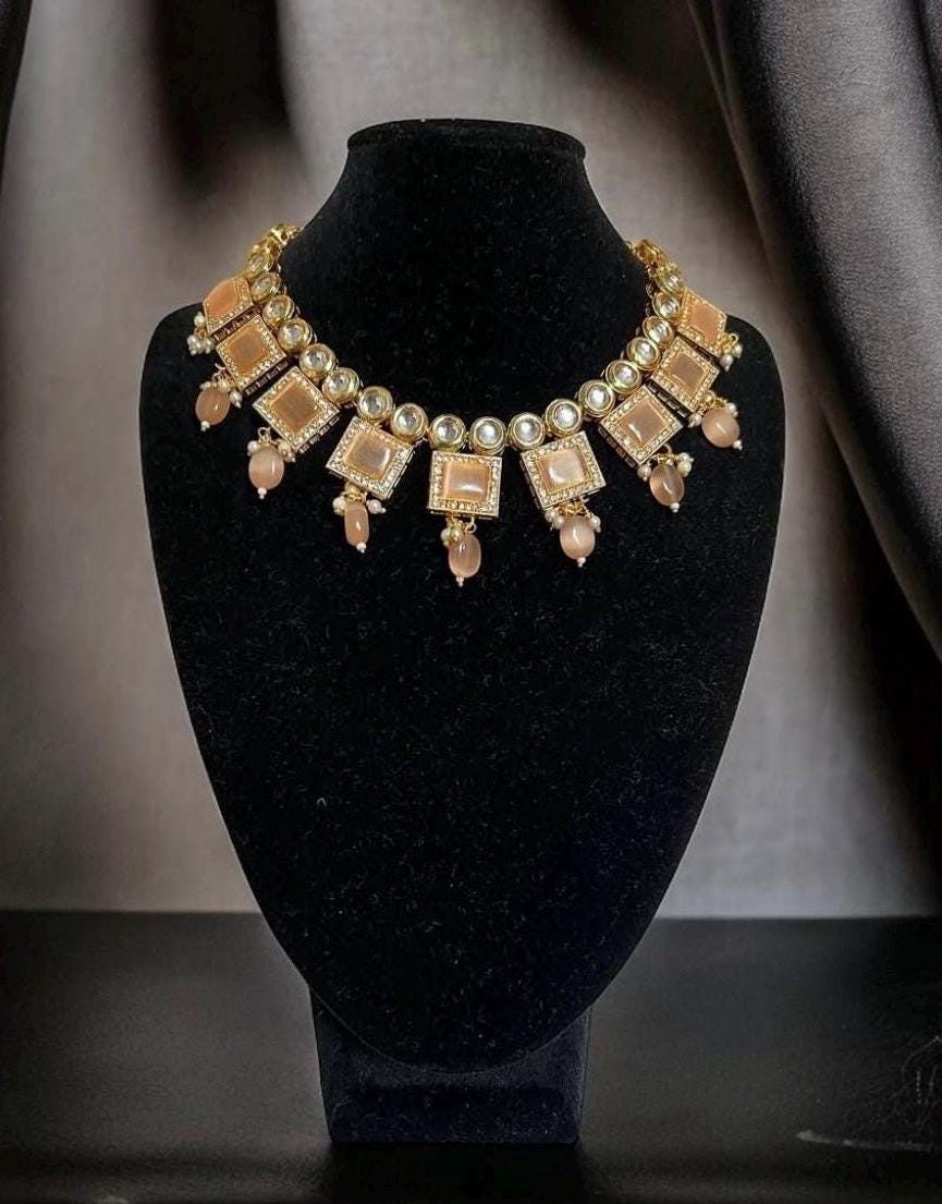 Kundan Choker Set- Peach & Gold, Indian Jewellery Necklace set - Image 2